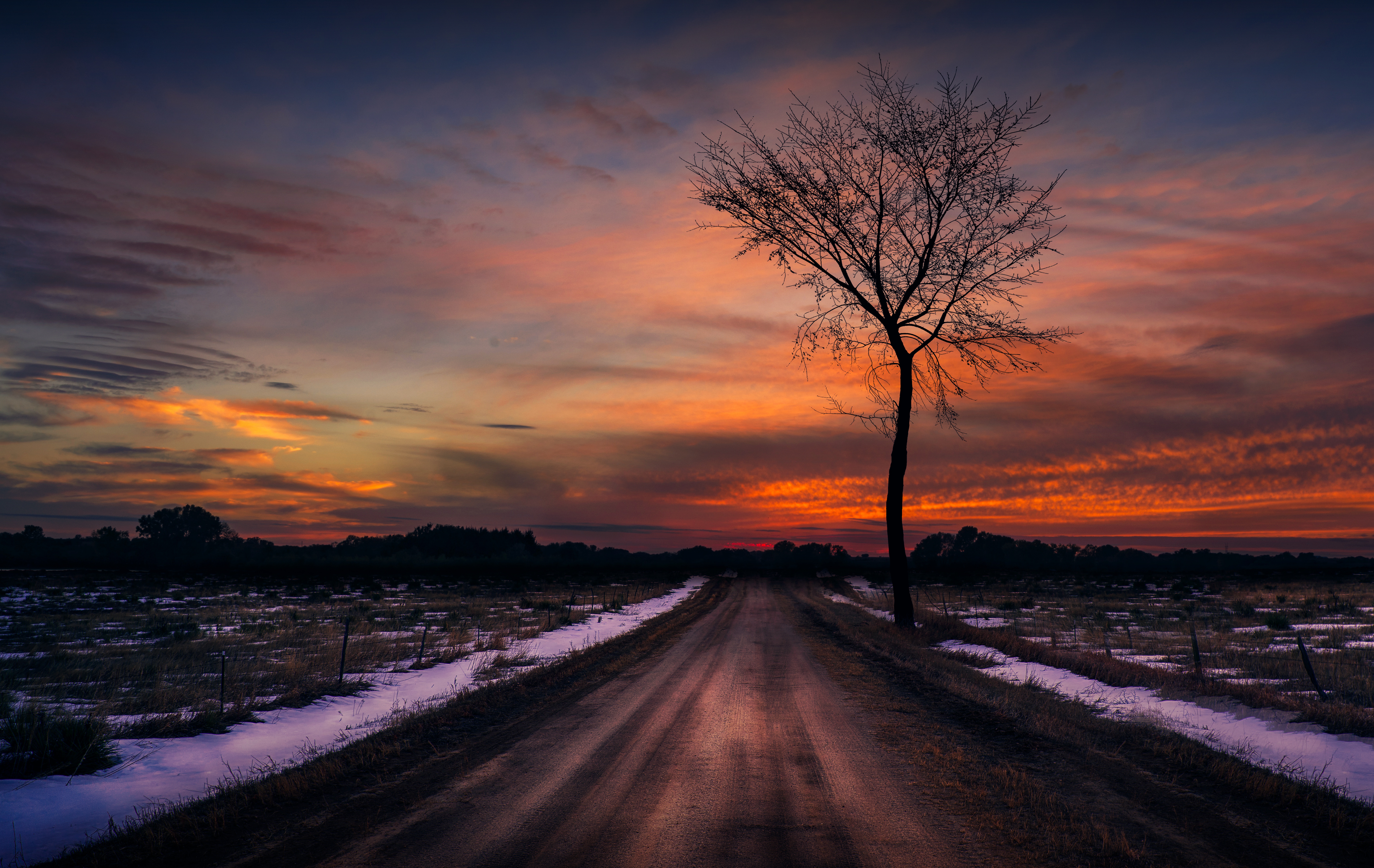 Download mobile wallpaper Nature, Sunset, Sky, Road, Tree, Man Made for free.