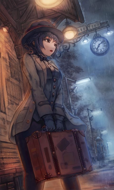 1262205 скачать обои аниме, железнодорожный вокзал, шляпа, поезд, тренироваться, пальто, часы, дождь - заставки и картинки бесплатно