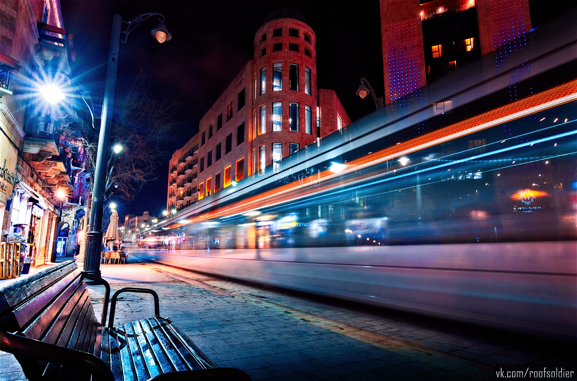 Download mobile wallpaper Night, City, Road, Bench, Photography, Time Lapse for free.