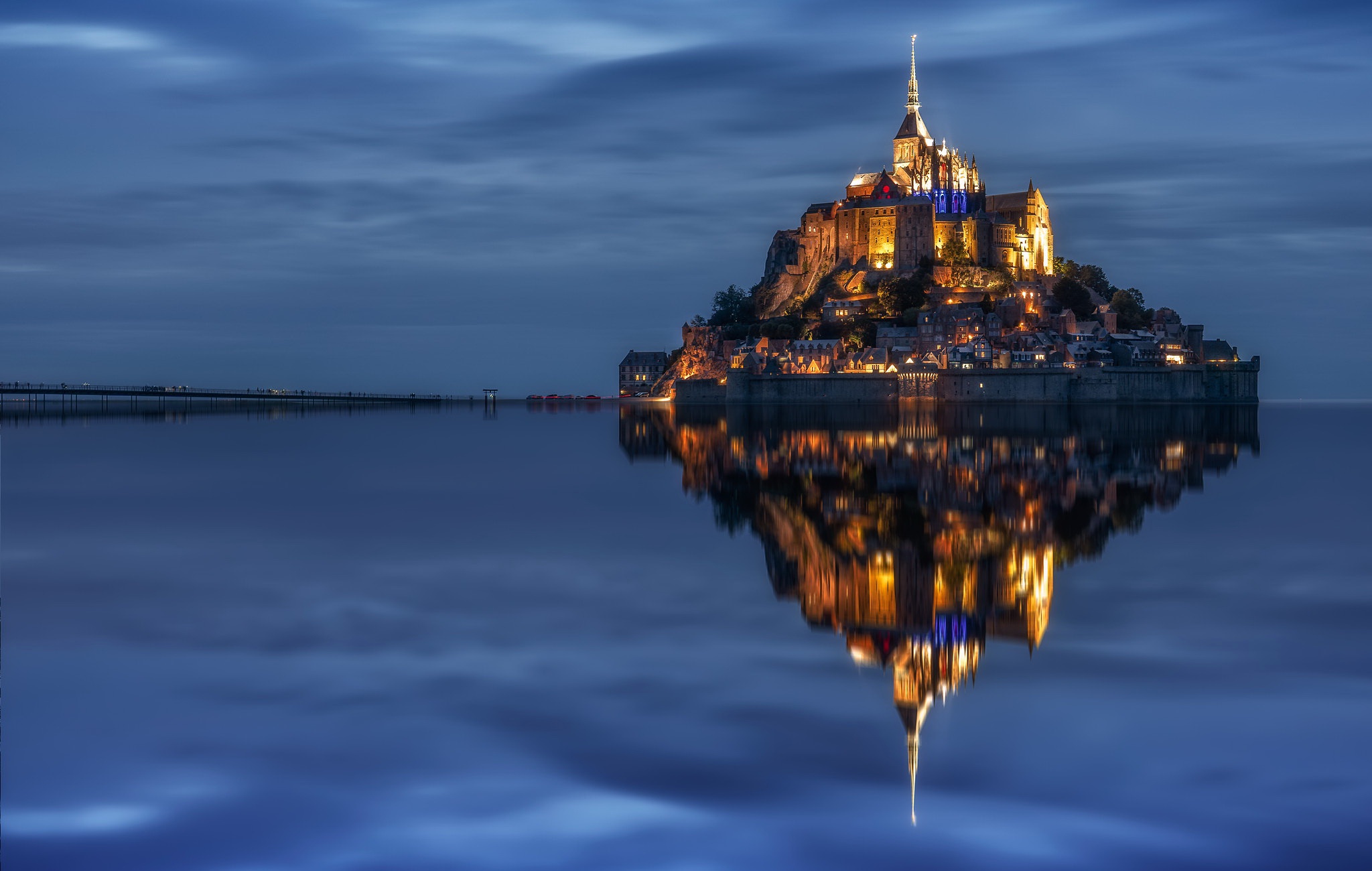 Download mobile wallpaper Night, Reflection, France, Mont Saint Michel, Monastery, Religious for free.