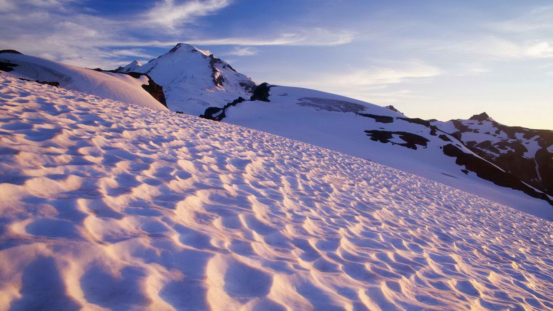 Download mobile wallpaper Vertex, Top, Mountains, Snow, Nature, Evening for free.