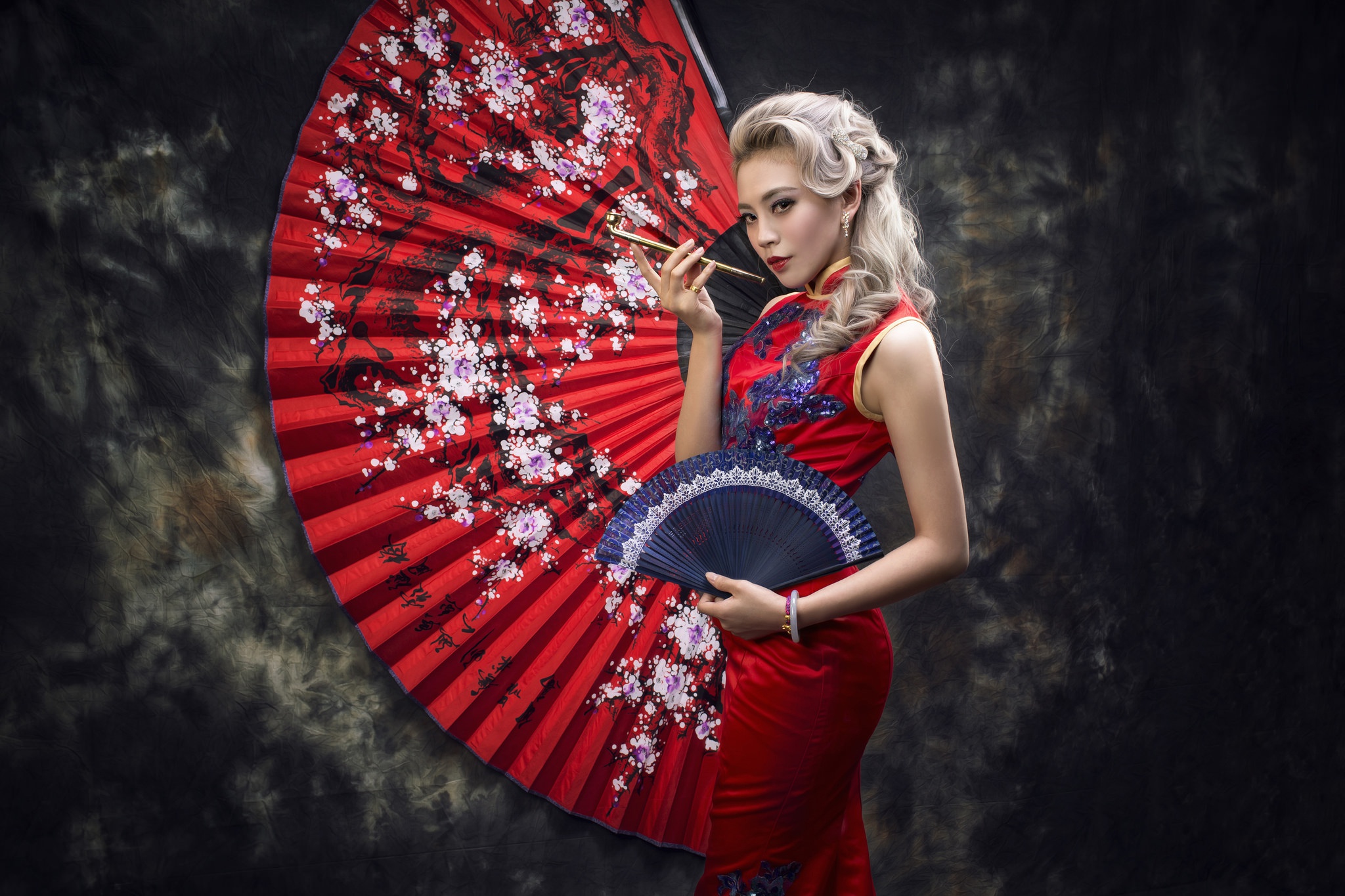 Download mobile wallpaper Blonde, Model, Fan, Women, Asian, Red Dress for free.