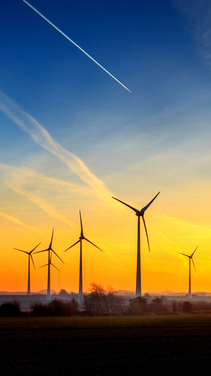 Download mobile wallpaper Sky, Sunrise, Wind Turbine, Man Made for free.