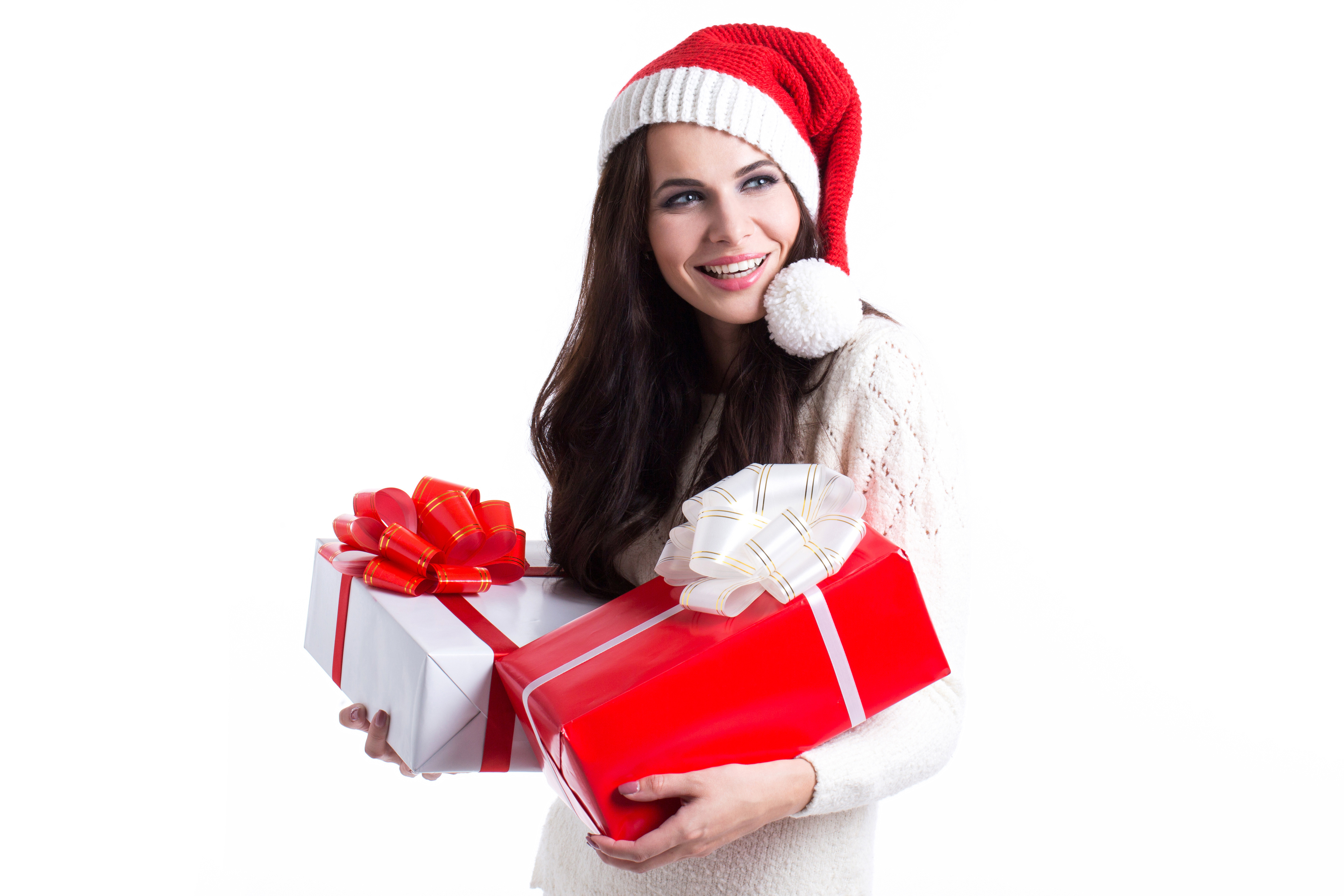 Descarga gratis la imagen Navidad, Morena, Sonreír, Regalo, Ojos Azules, Modelo, Mujeres, Pelo Largo, Sombrero De Santa en el escritorio de tu PC