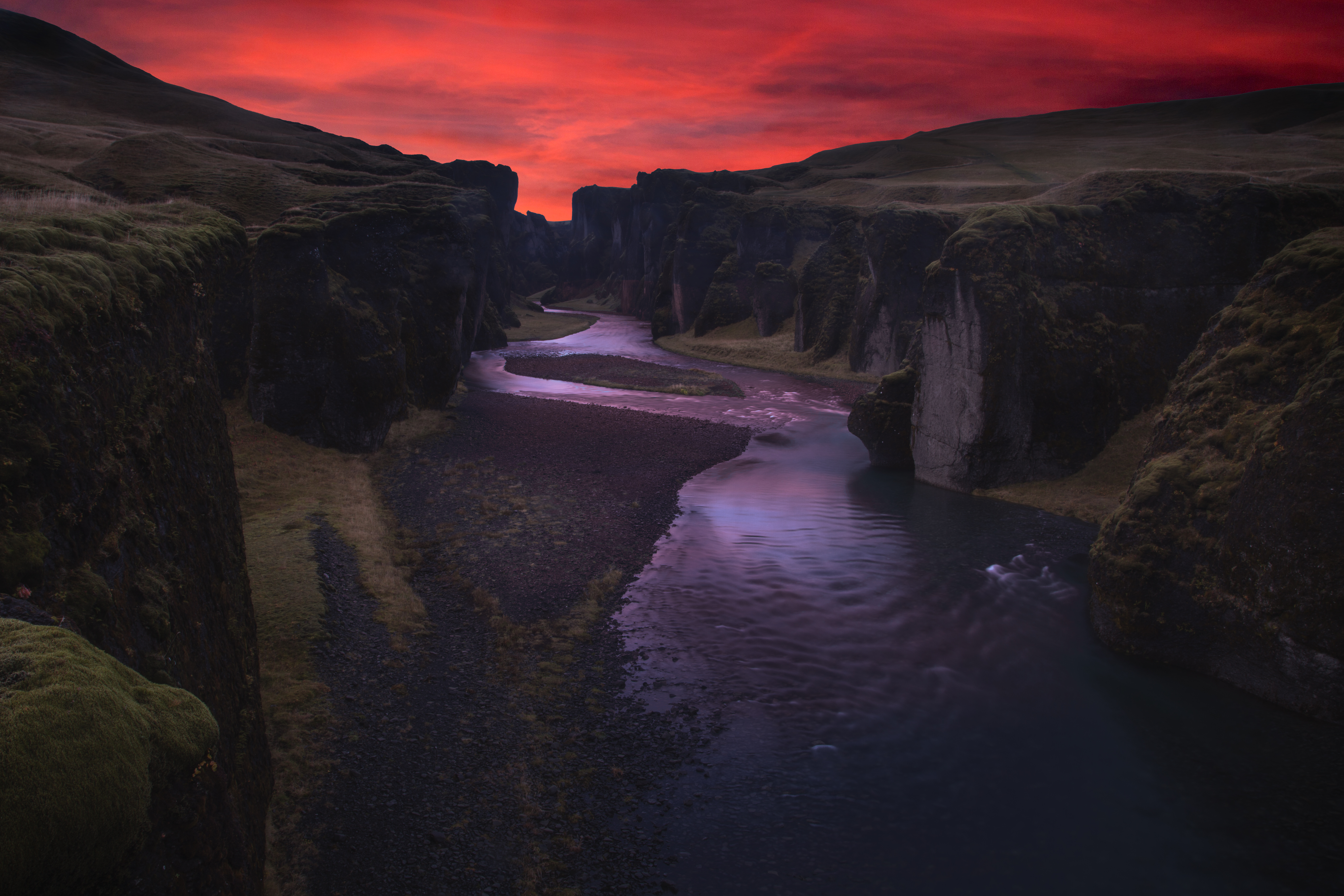 61310 скачать обои исландия, природа, река, ночь, каньон, фьядрарглйуфур - заставки и картинки бесплатно