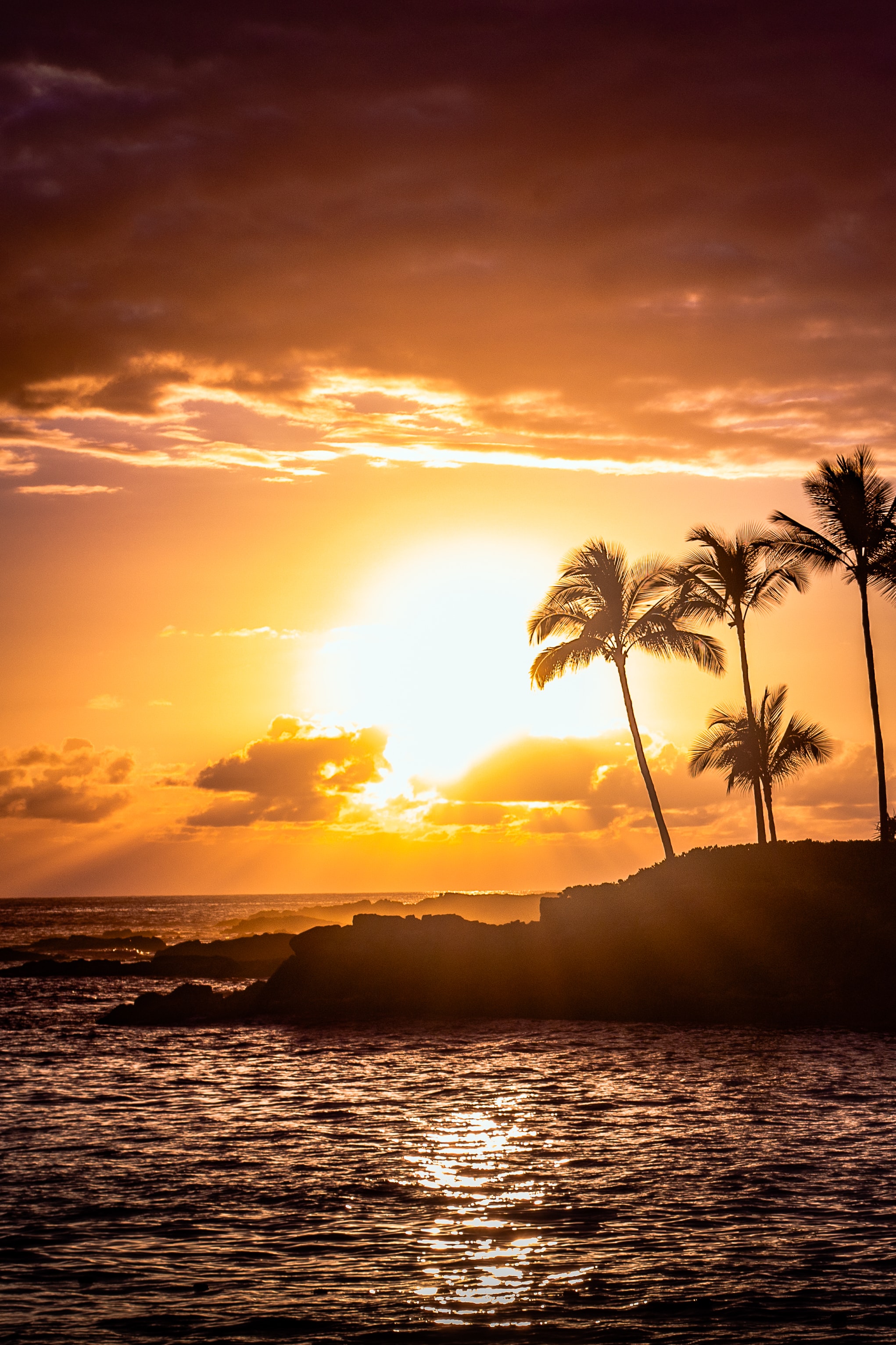 Download mobile wallpaper Rocks, Glare, Sea, Sunset, Palms, Nature for free.