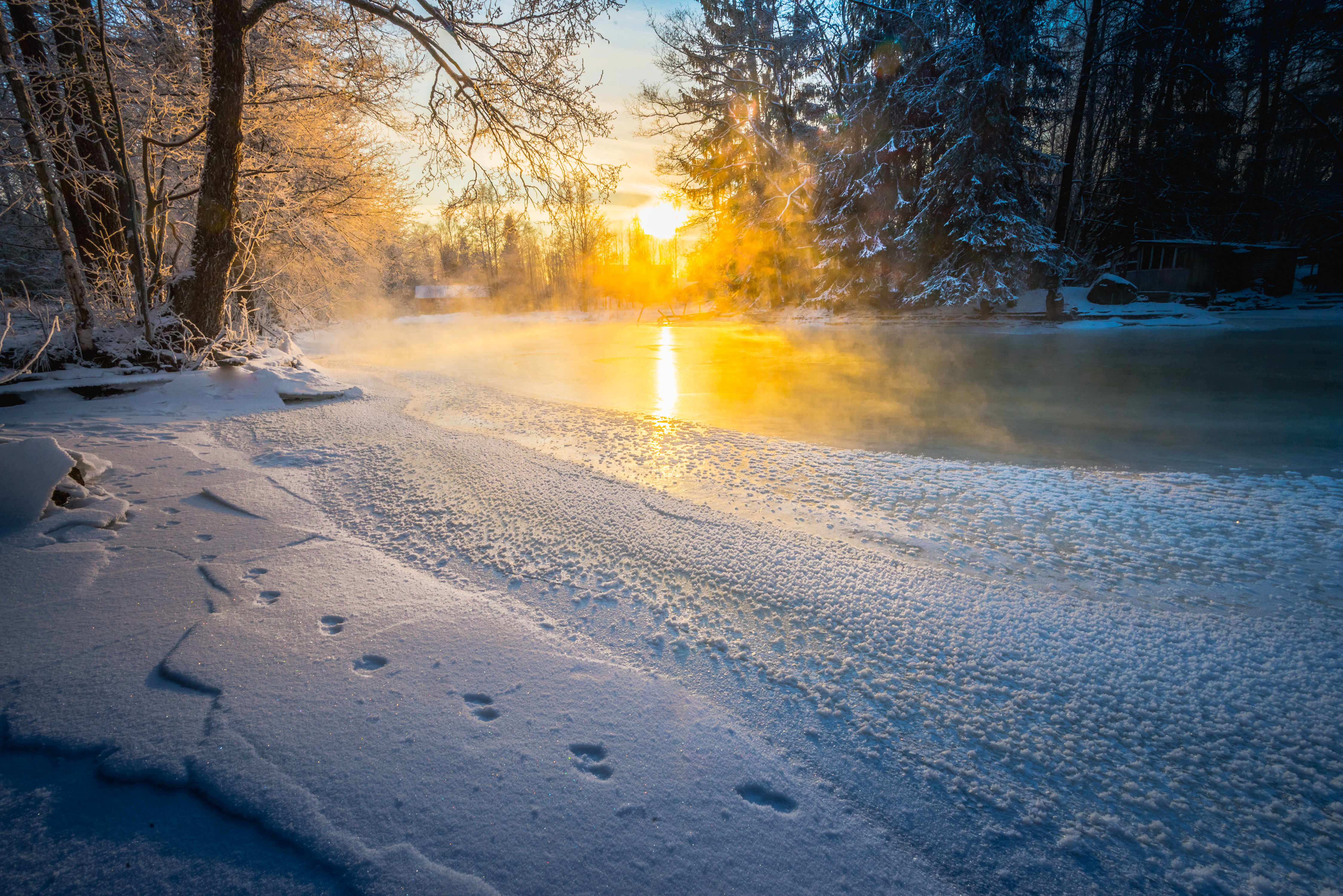 sunrise, earth, river, footprint, nature, snow, winter