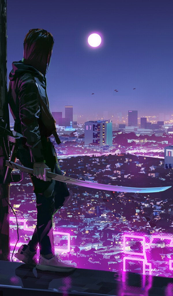 Download mobile wallpaper City, Cyberpunk, Cityscape, Sci Fi, Sword, Futuristic, Woman Warrior for free.