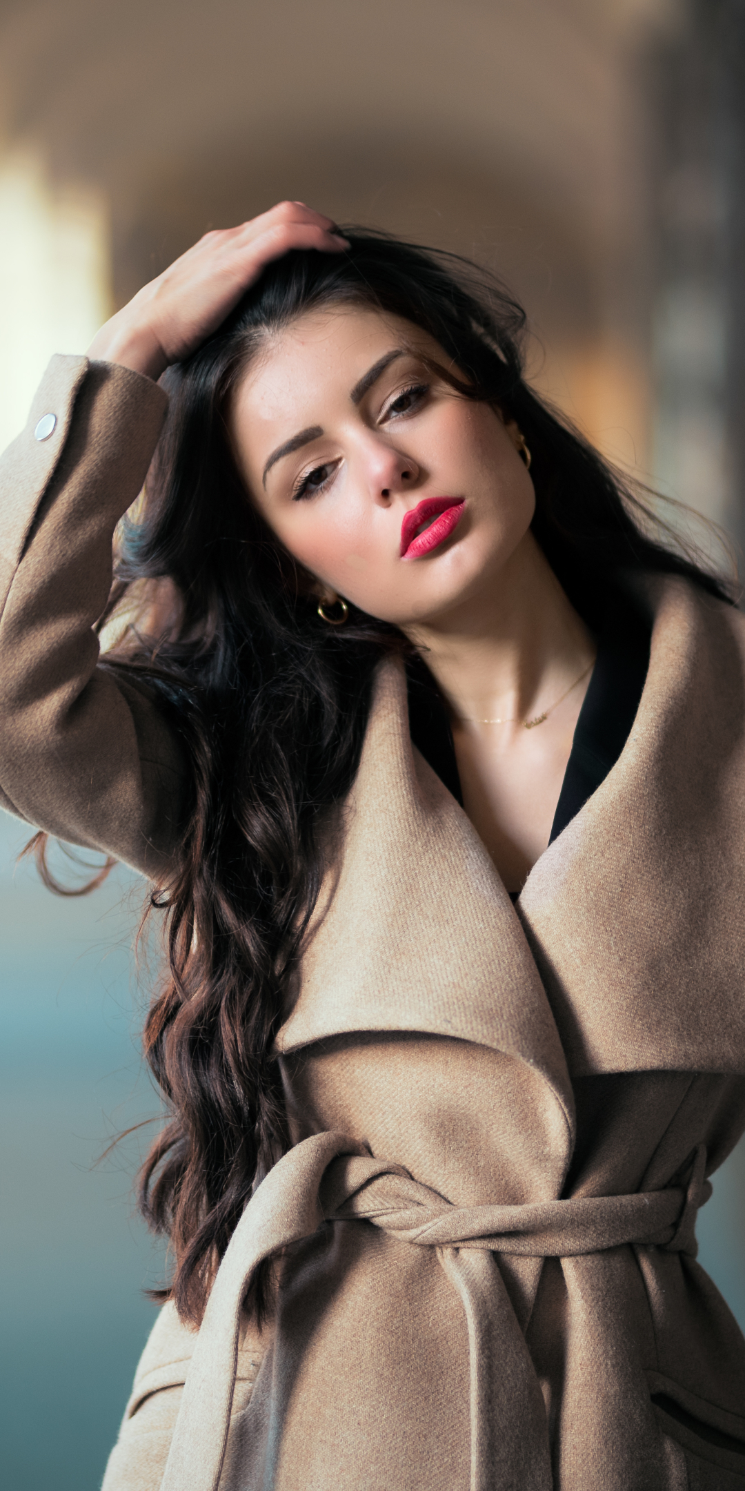 Download mobile wallpaper Brunette, Coat, Model, Women, Long Hair, Lipstick for free.