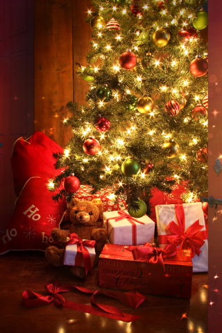Download mobile wallpaper Teddy Bear, Christmas, Holiday, Gift, Christmas Tree, Christmas Ornaments, Christmas Lights for free.