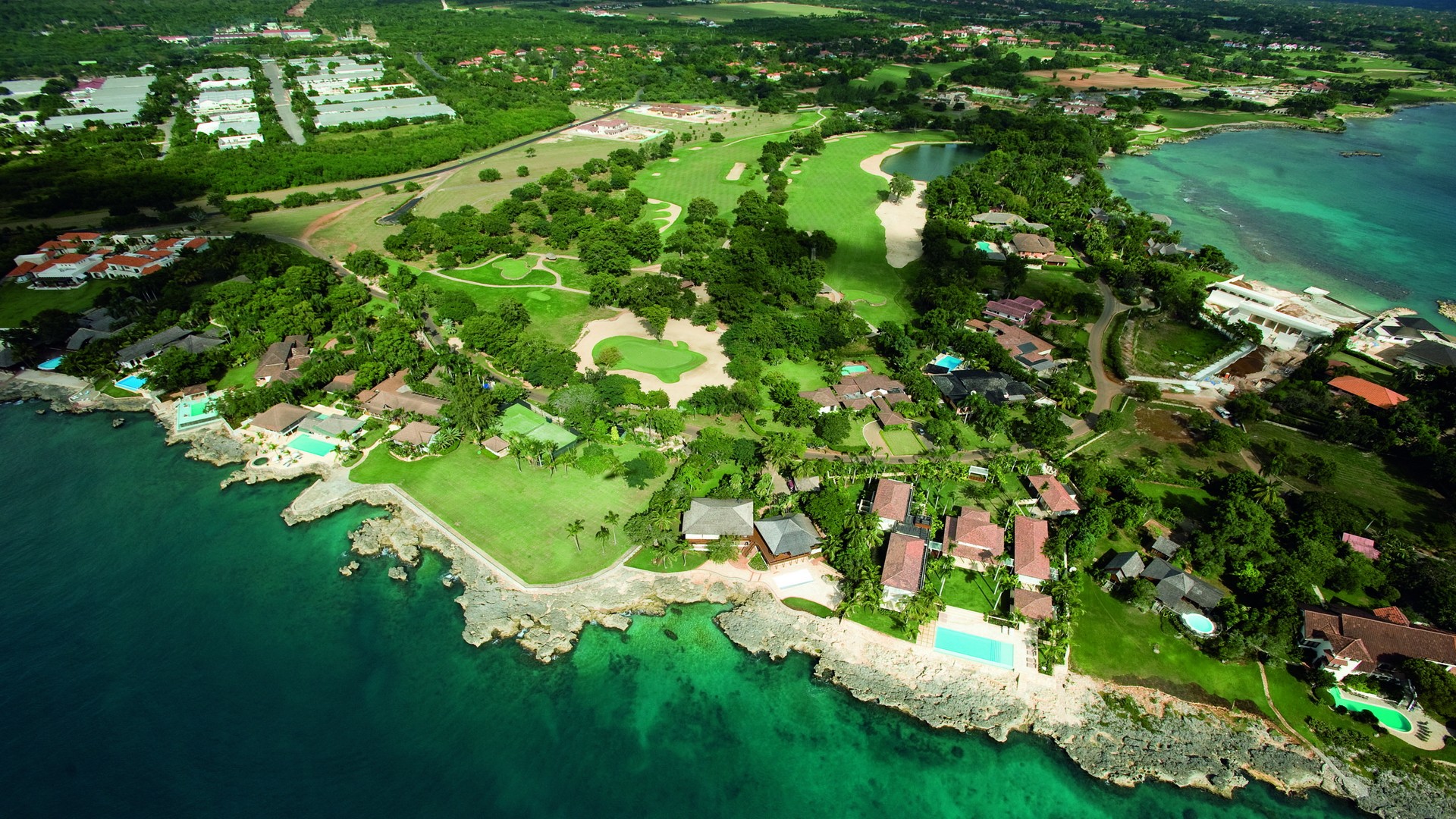 golf course, photography, place, aerial, coast, house, ocean