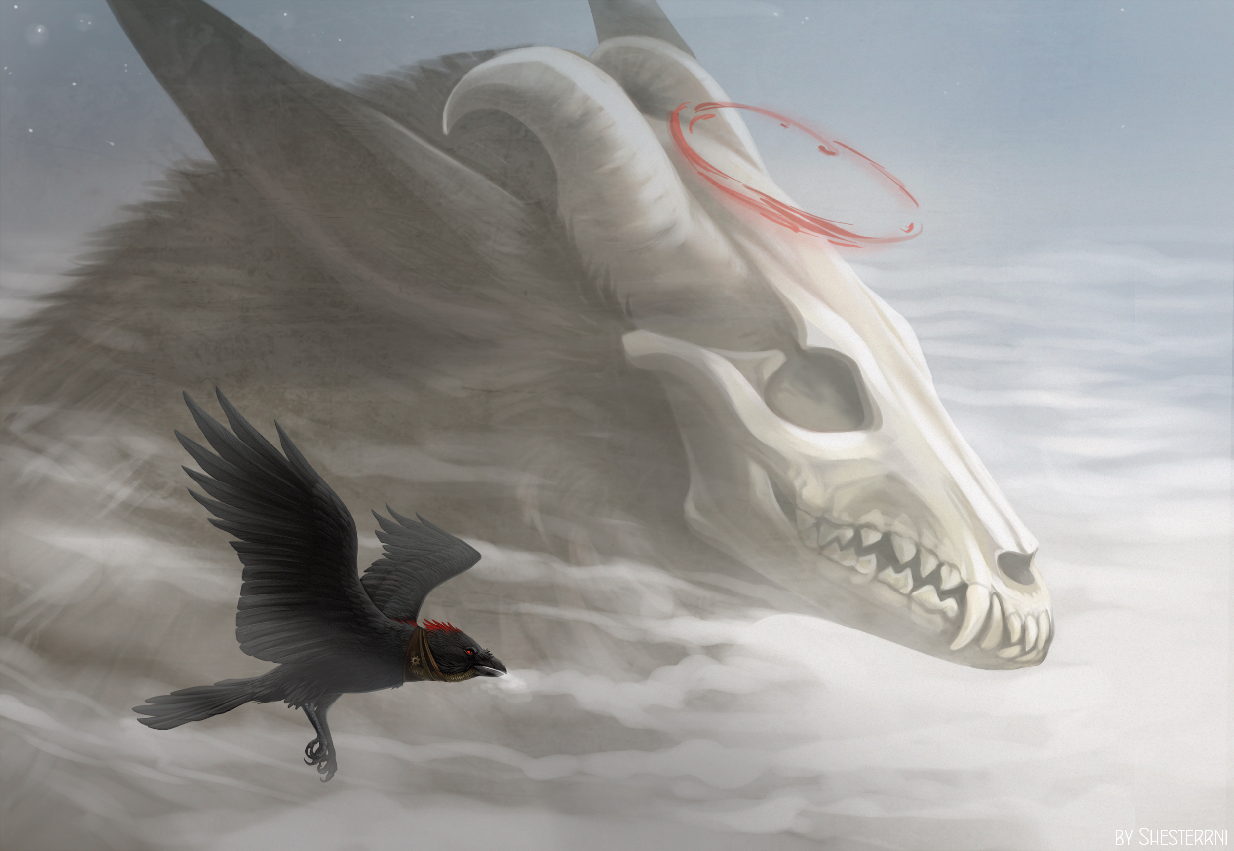 Free download wallpaper Fantasy, Bird, Creature, Raven, Crow, Skull, Horns on your PC desktop