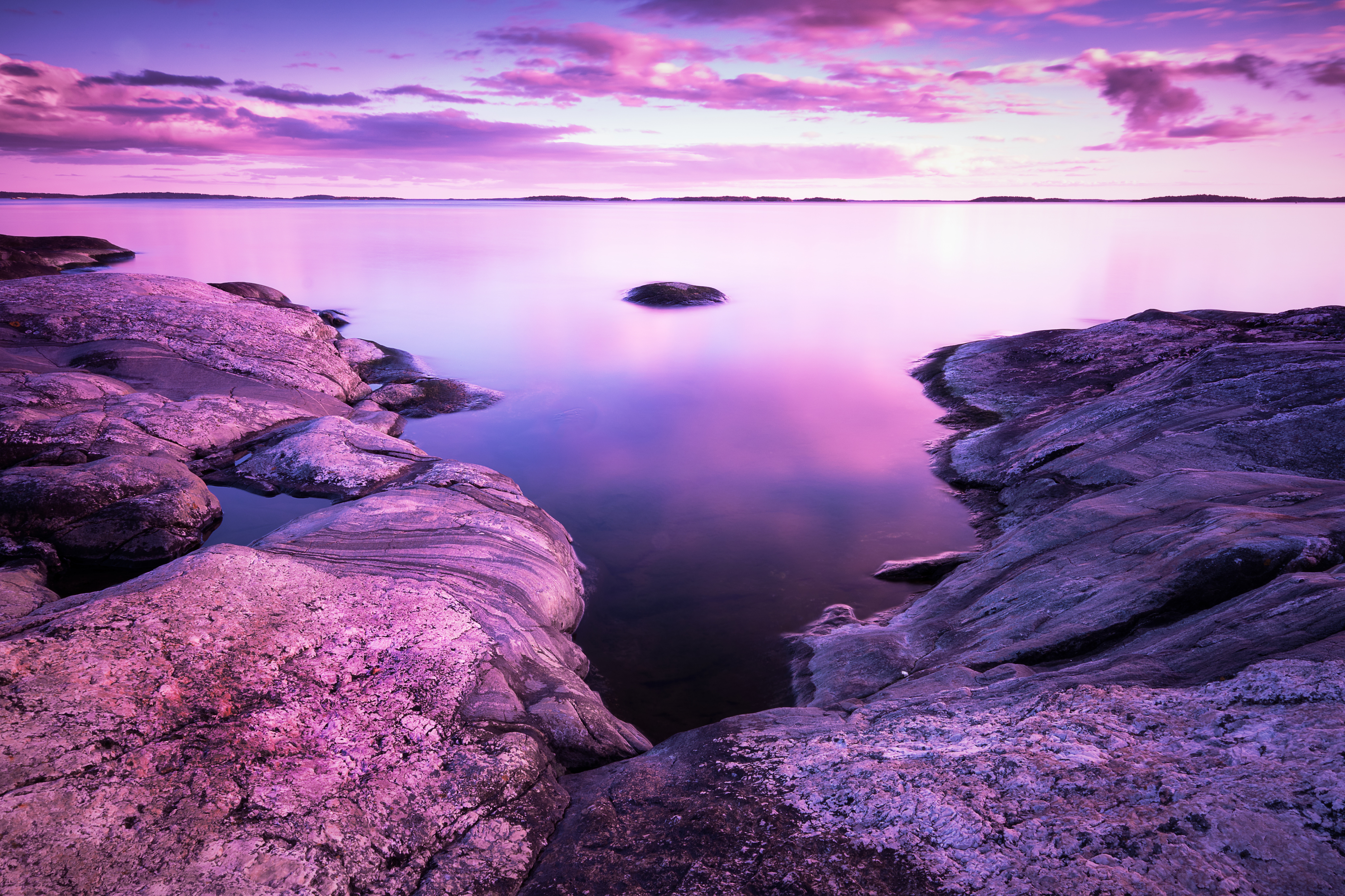 Free download wallpaper Lake, Shore, Bank, Nature, Stones, Clouds, Violet, Landscape, Purple on your PC desktop