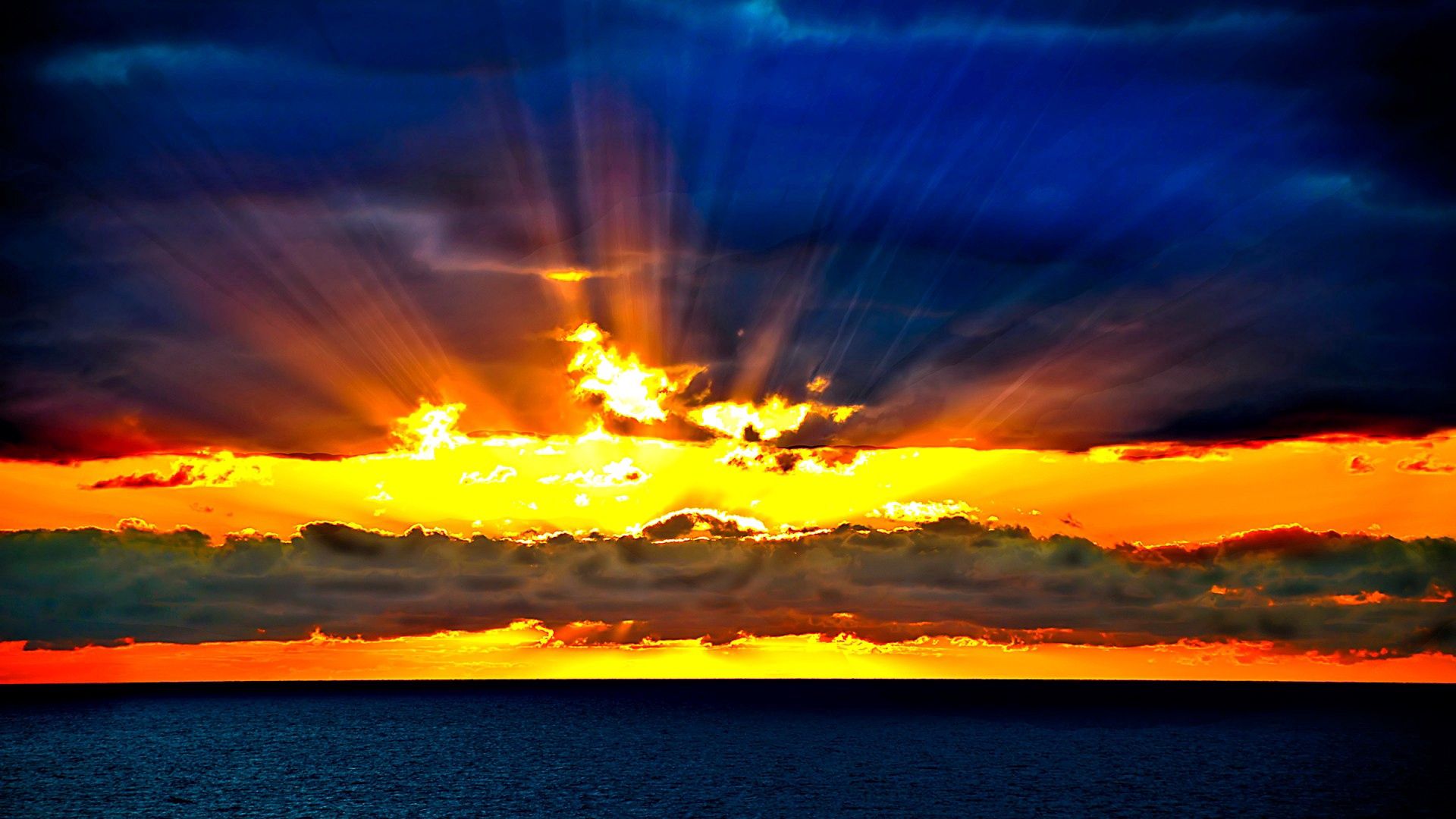 nature, sunset, sky, sea, sun, orange, horizon, beams, rays Image for desktop