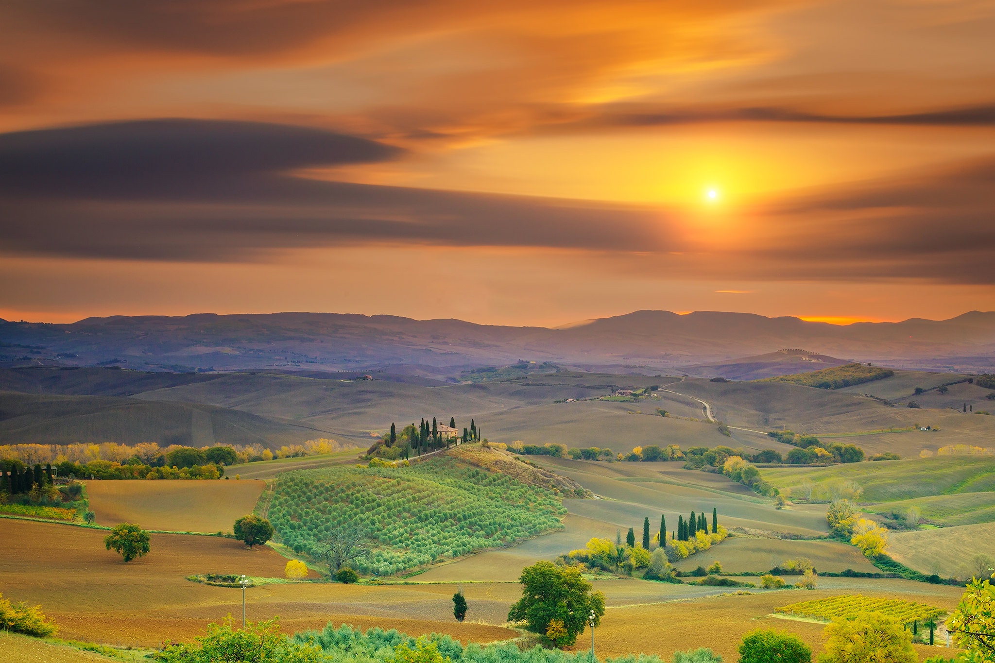 Free download wallpaper Sunset, Italy, Panorama, Photography, Tuscany on your PC desktop