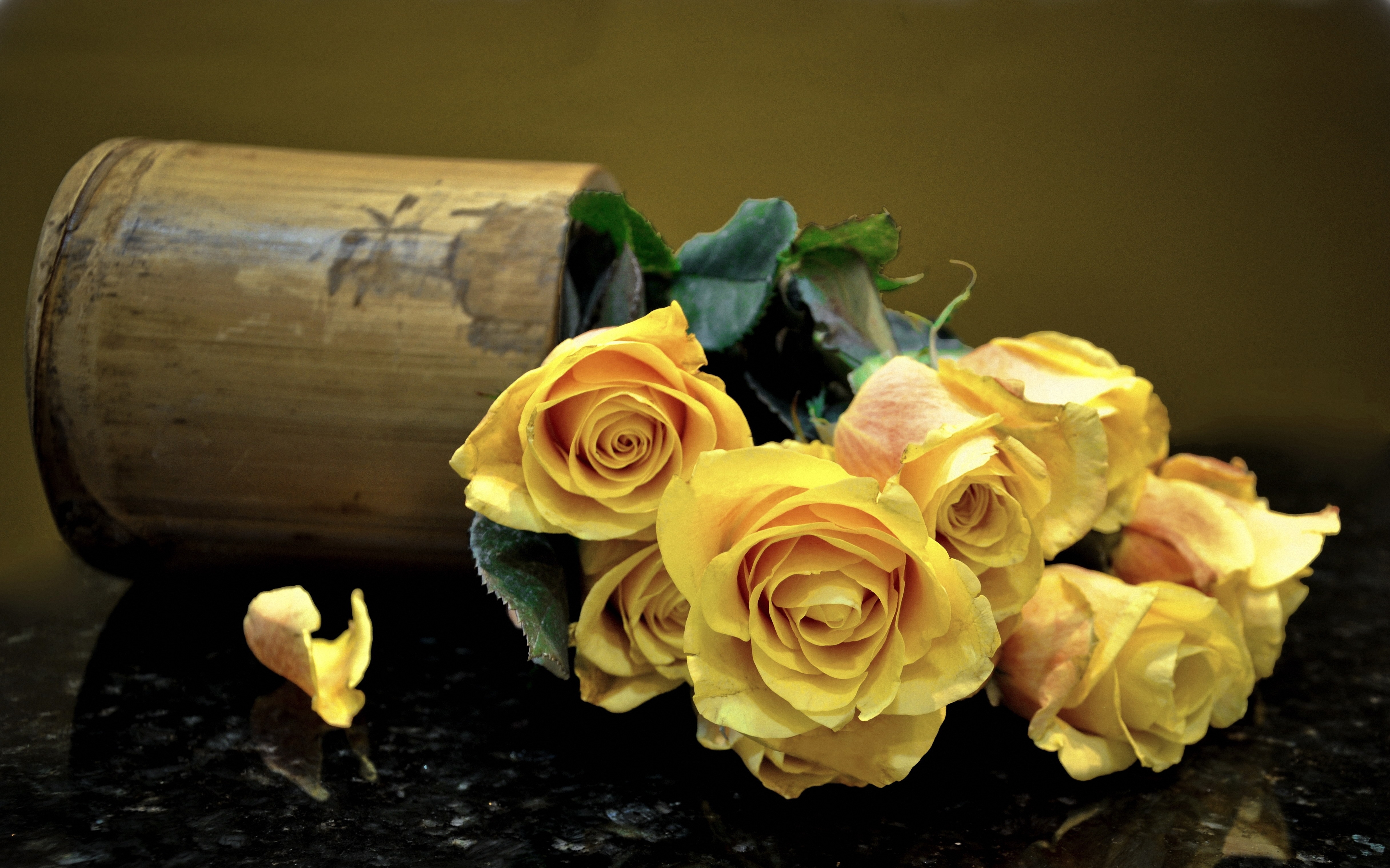 Handy-Wallpaper Blätter, Oberfläche, Vase, Blumen, Roses kostenlos herunterladen.