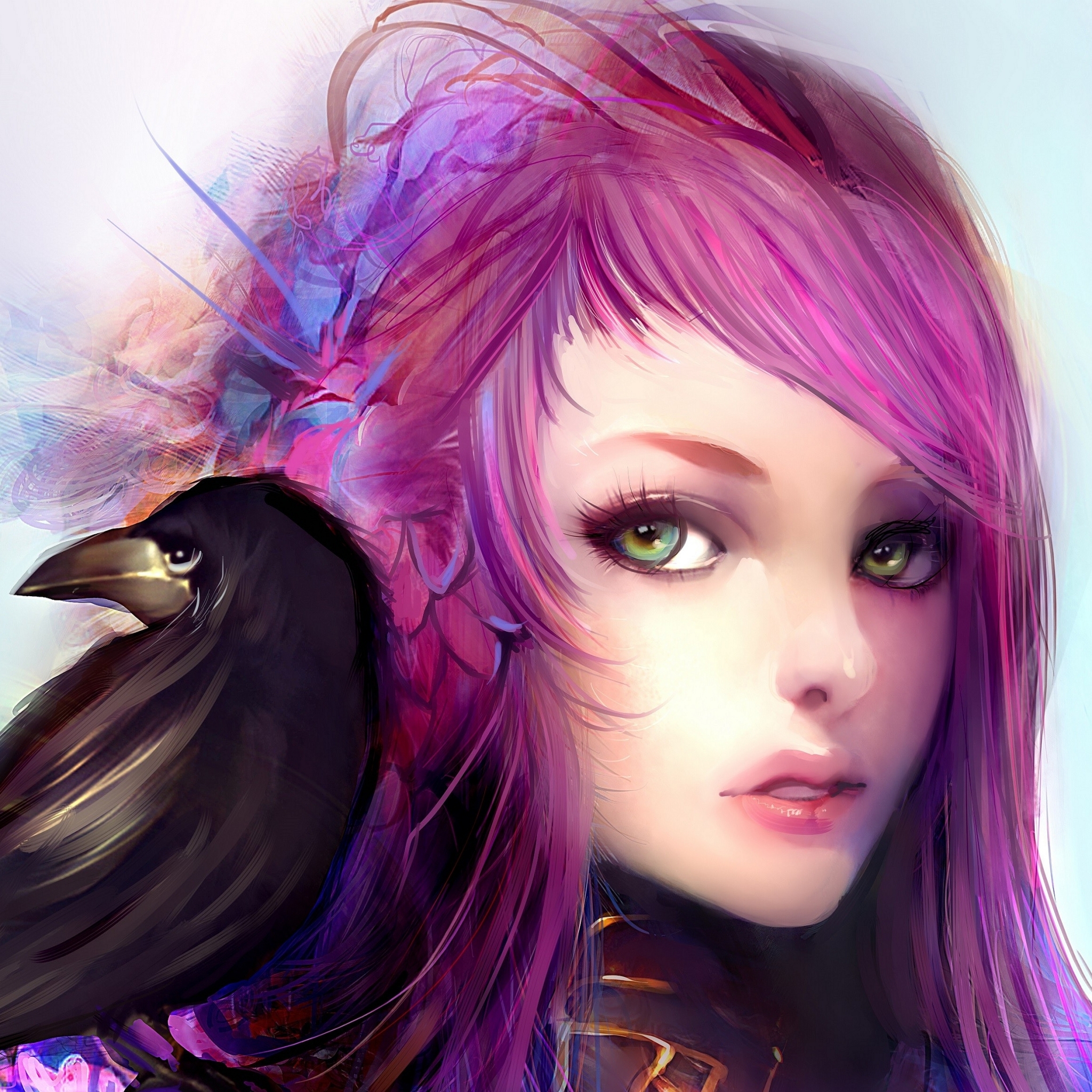 Download mobile wallpaper Fantasy, Raven, Women, Green Eyes, Purple Hair for free.