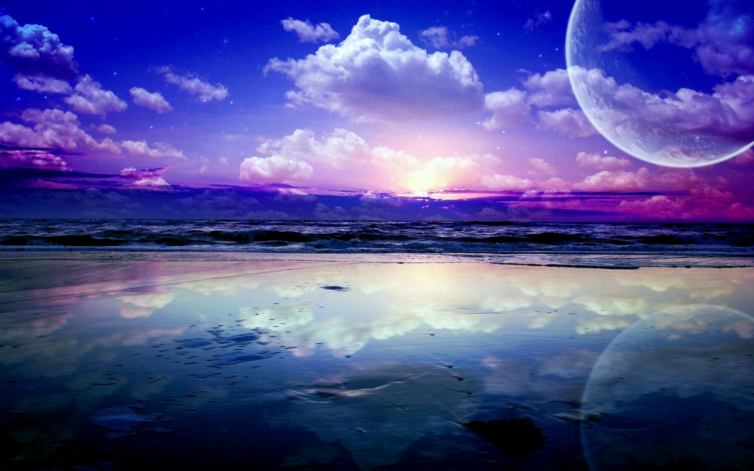 Free download wallpaper Landscape, Sunset, Sky, Sea, Clouds, Moon on your PC desktop