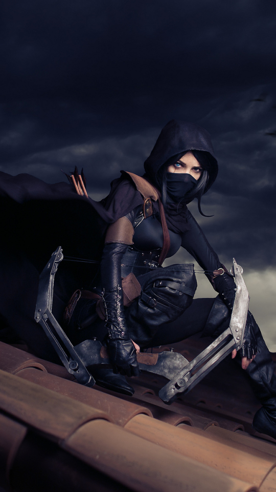 Download mobile wallpaper Mask, Bow, Roof, Women, Cosplay, Thief (Video Game) for free.