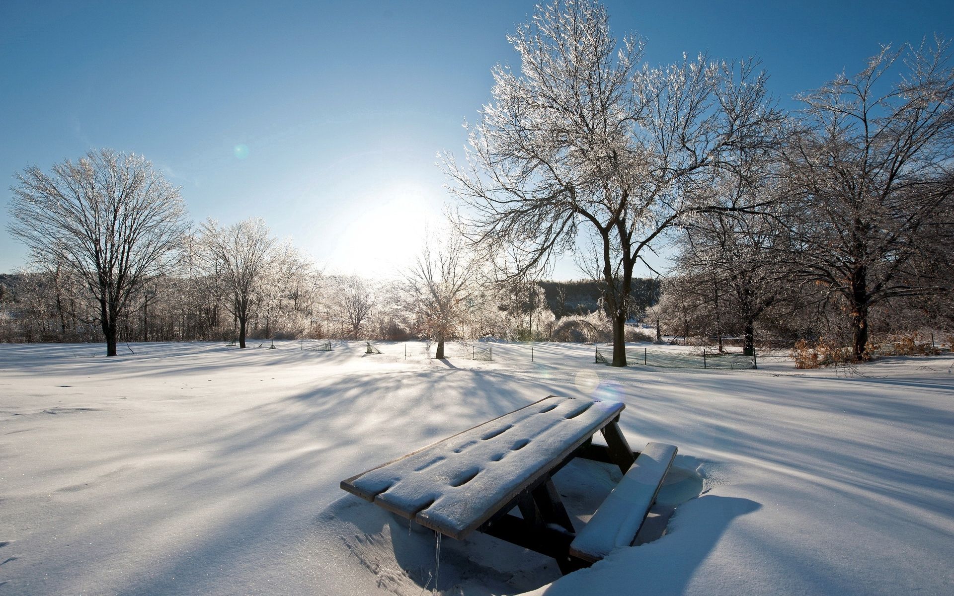 winter, nature, sky, sun, snow, shine, light, park, table, drifts, benches, cover, clear, i see