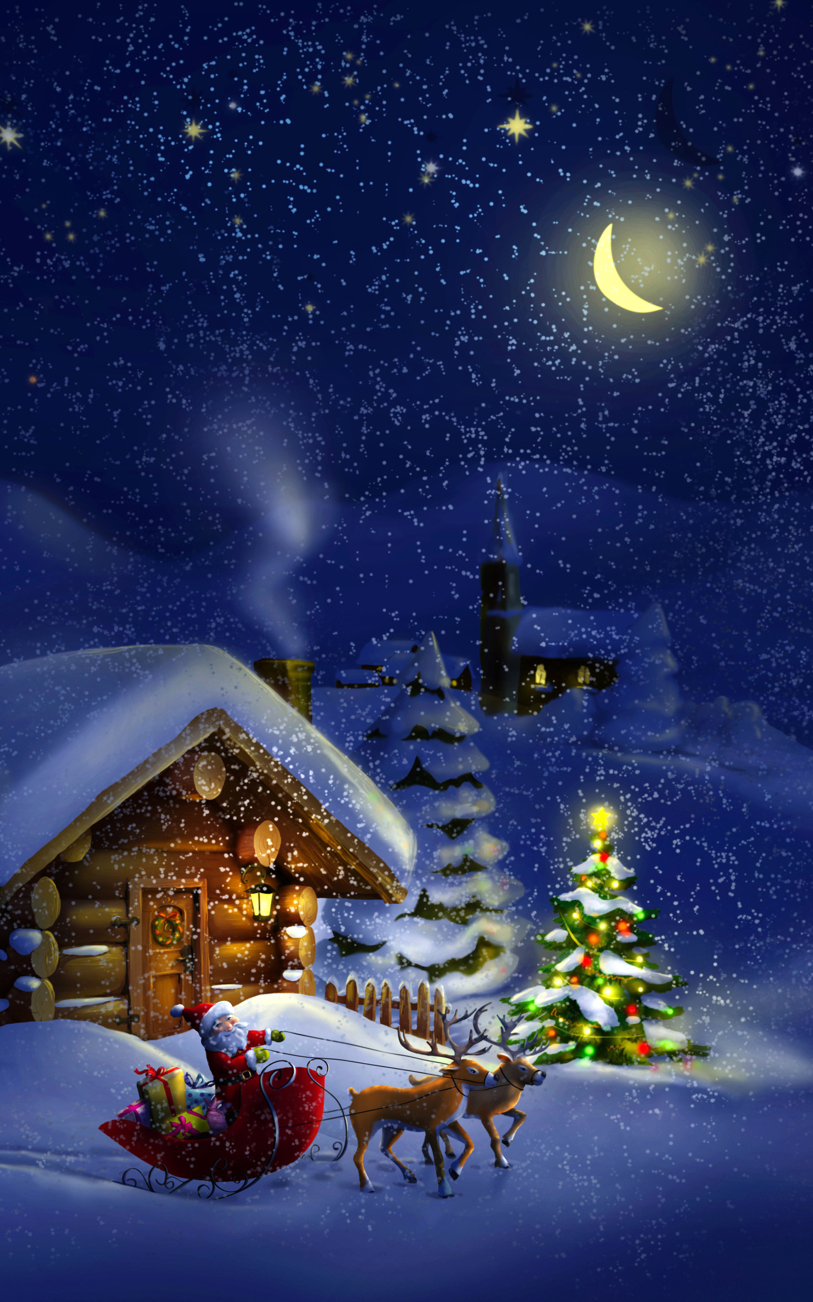 無料モバイル壁紙雪, クリスマス, クリスマスツリー, そり, サンタ, 降雪, 夜, キャビン, ホリデー, トナカイをダウンロードします。