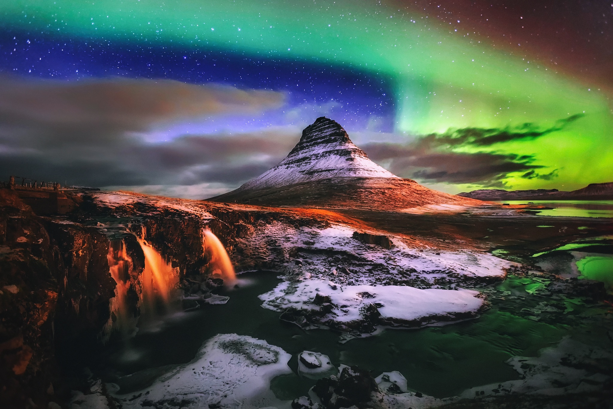 aurora borealis, iceland, winter, earth, kirkjufell, kirkjufoss, light, mountain, nature, waterfall