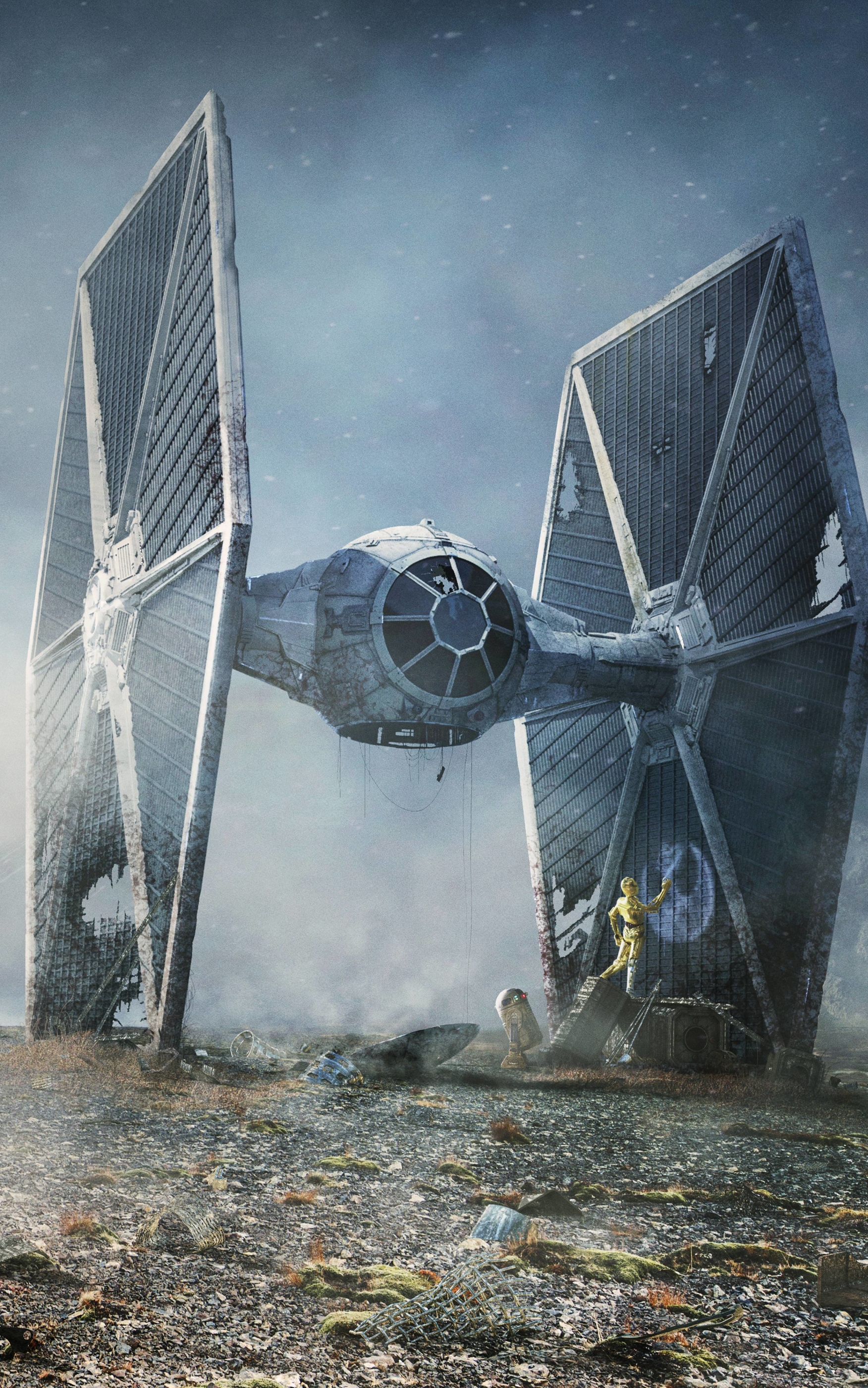 Download mobile wallpaper Star Wars, Sci Fi, R2 D2, C 3Po, Tie Fighter for free.