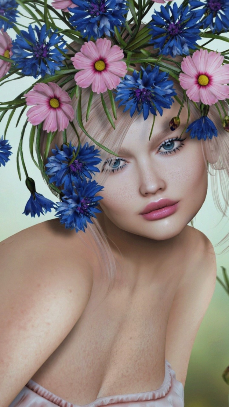 無料モバイル壁紙ファンタジー, 花, 芸術的, 青い目, 女性, 口紅をダウンロードします。