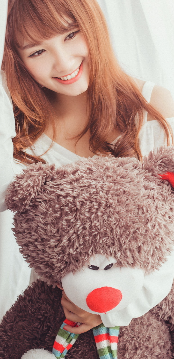 Download mobile wallpaper Teddy Bear, Smile, Brunette, Oriental, Model, Women, Asian, Brown Eyes for free.