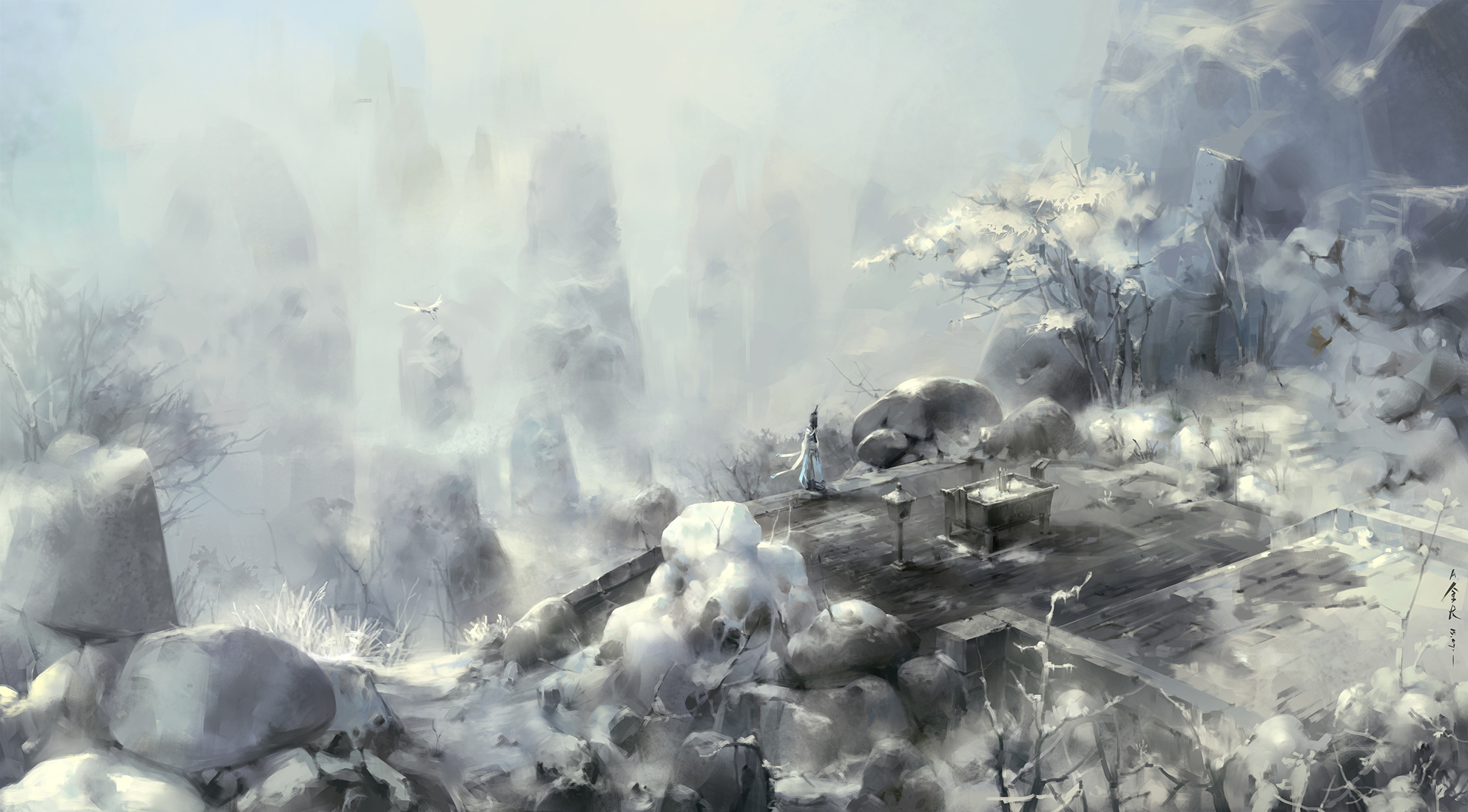 Free download wallpaper Anime, Landscape, Winter, Snow, Fog, Oriental, Original on your PC desktop