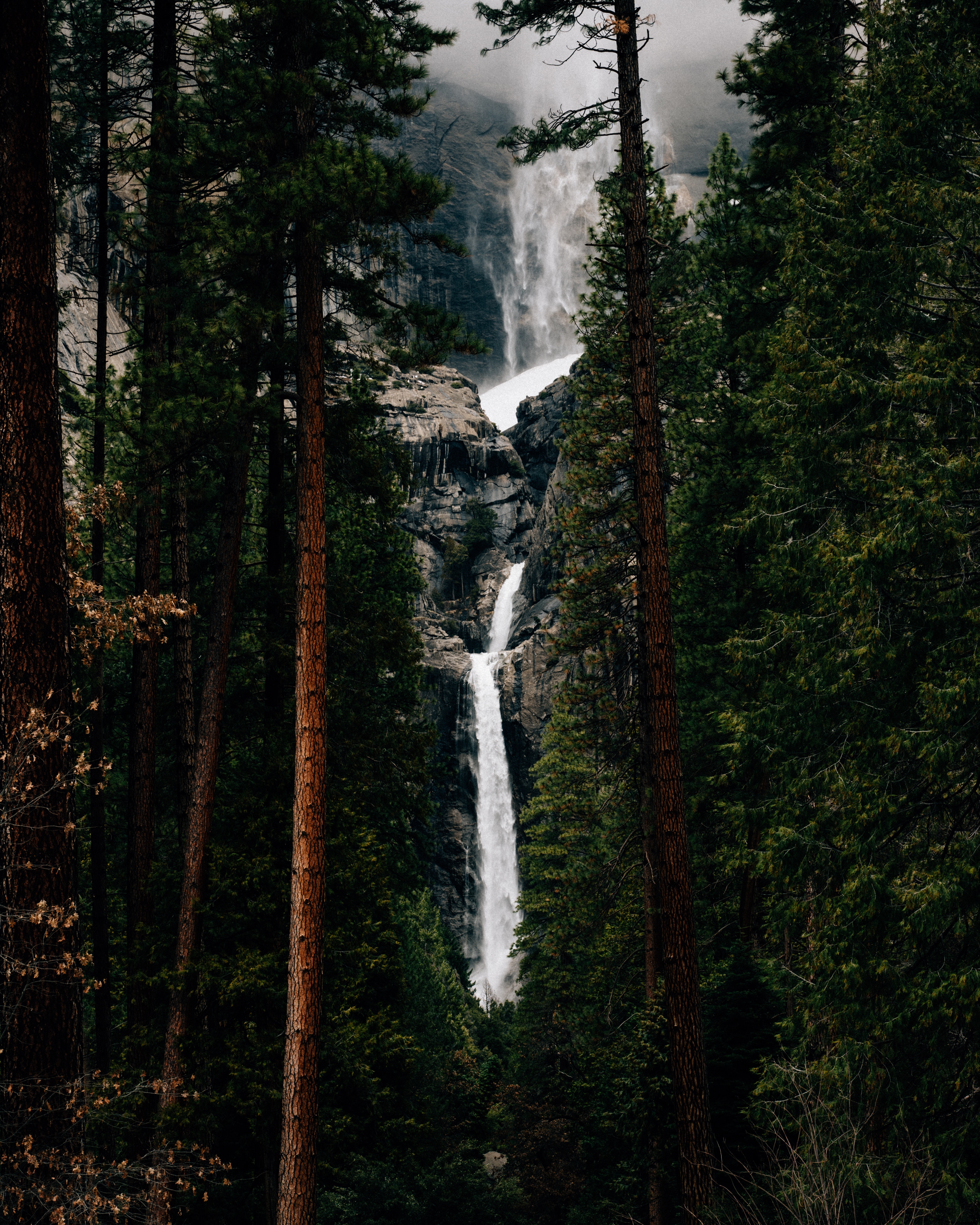 Download mobile wallpaper Precipice, Break, Trees, Waterfall, Flow, Water, Nature for free.