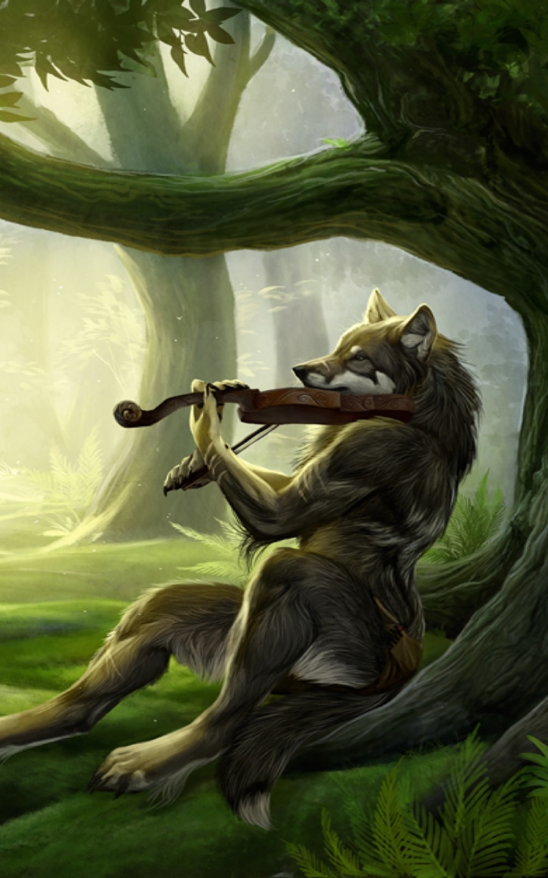 無料モバイル壁紙ファンタジー, バイオリン, 森, 狼, ファンタジー動物をダウンロードします。