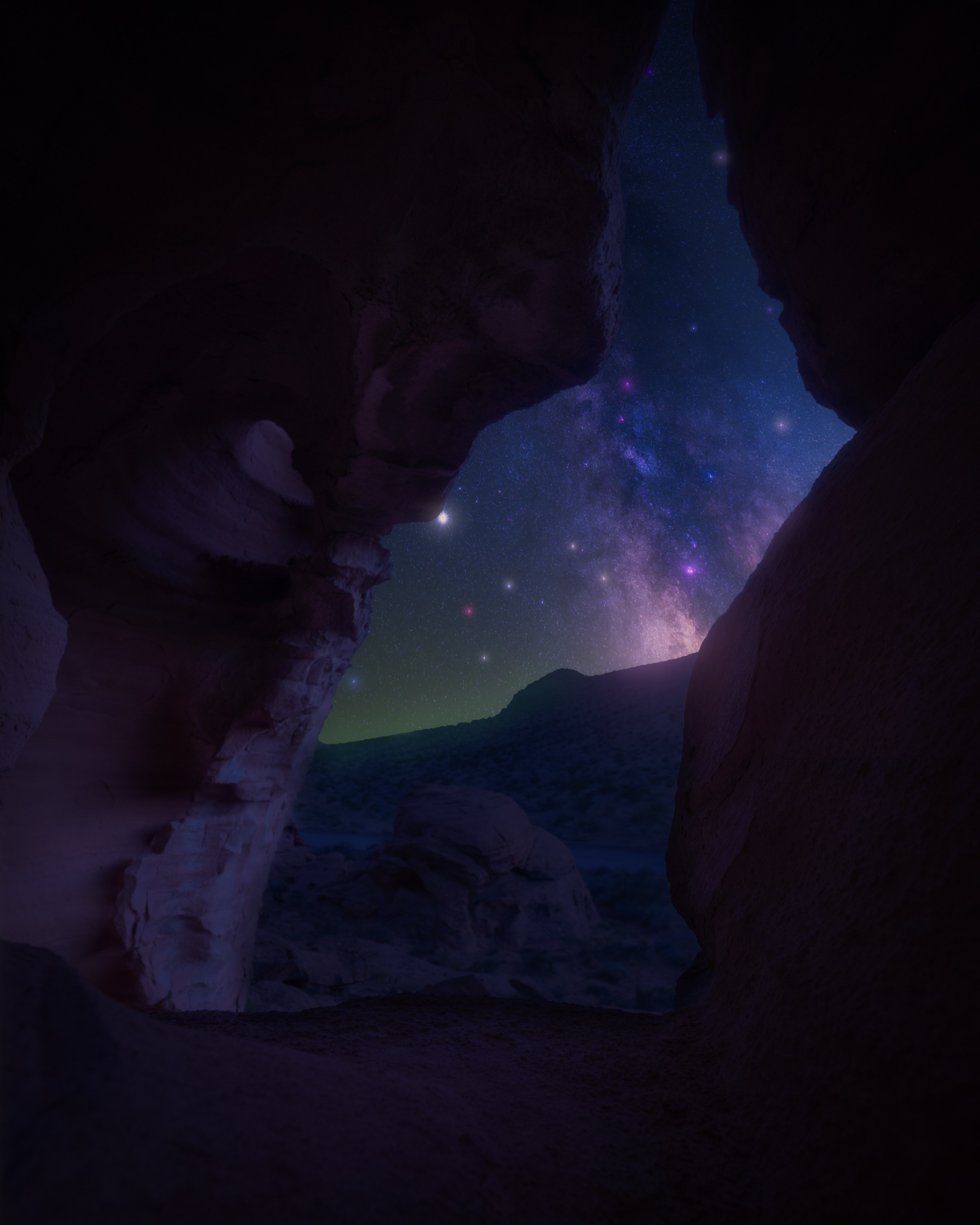 cave, dark, night, rocks, nebula, gorge phone wallpaper