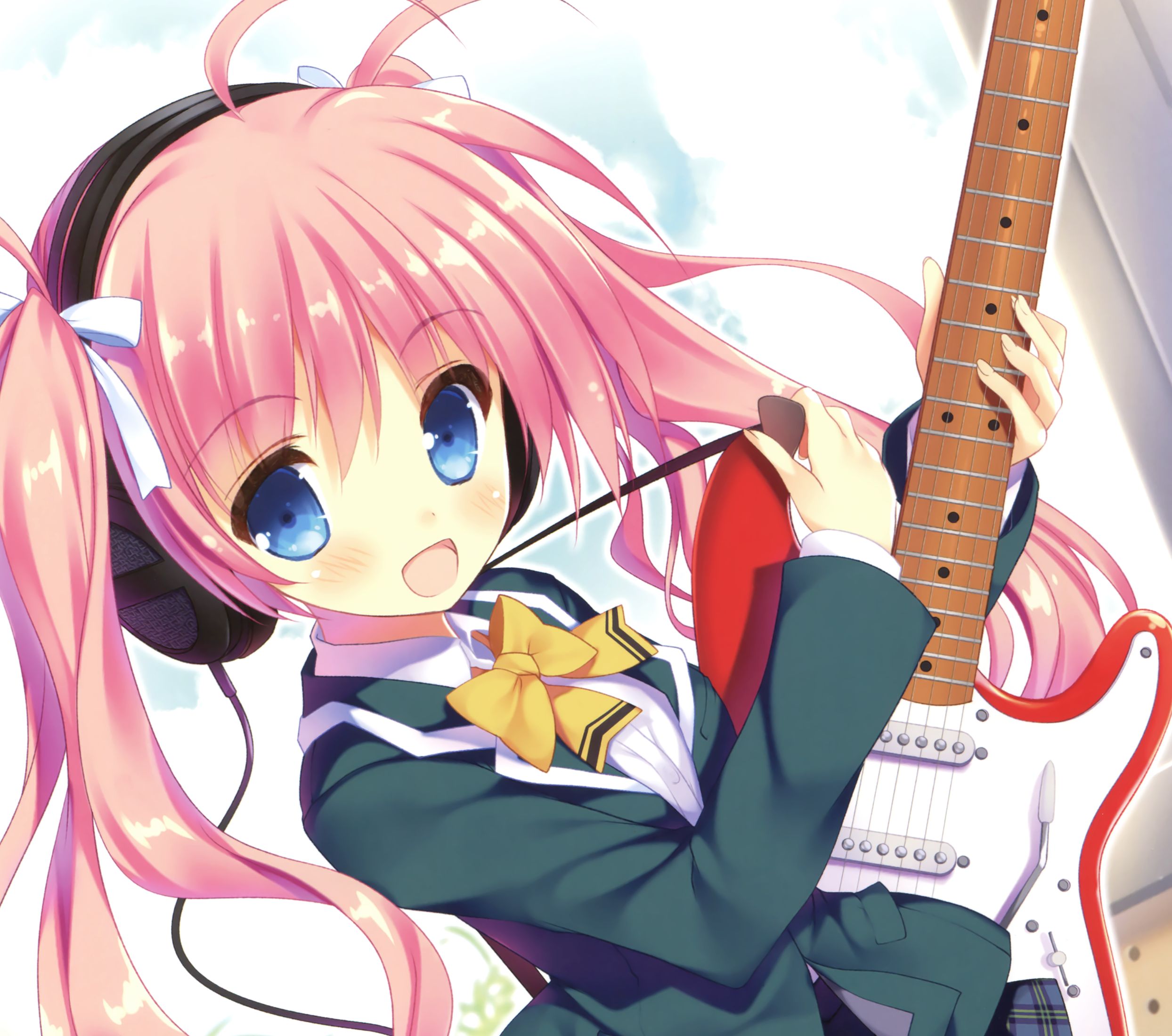 Laden Sie das Musik, Lächeln, Gitarre, Blaue Augen, Erröten, Animes, Lange Haare, Twintails, Schleife (Kleidung)-Bild kostenlos auf Ihren PC-Desktop herunter