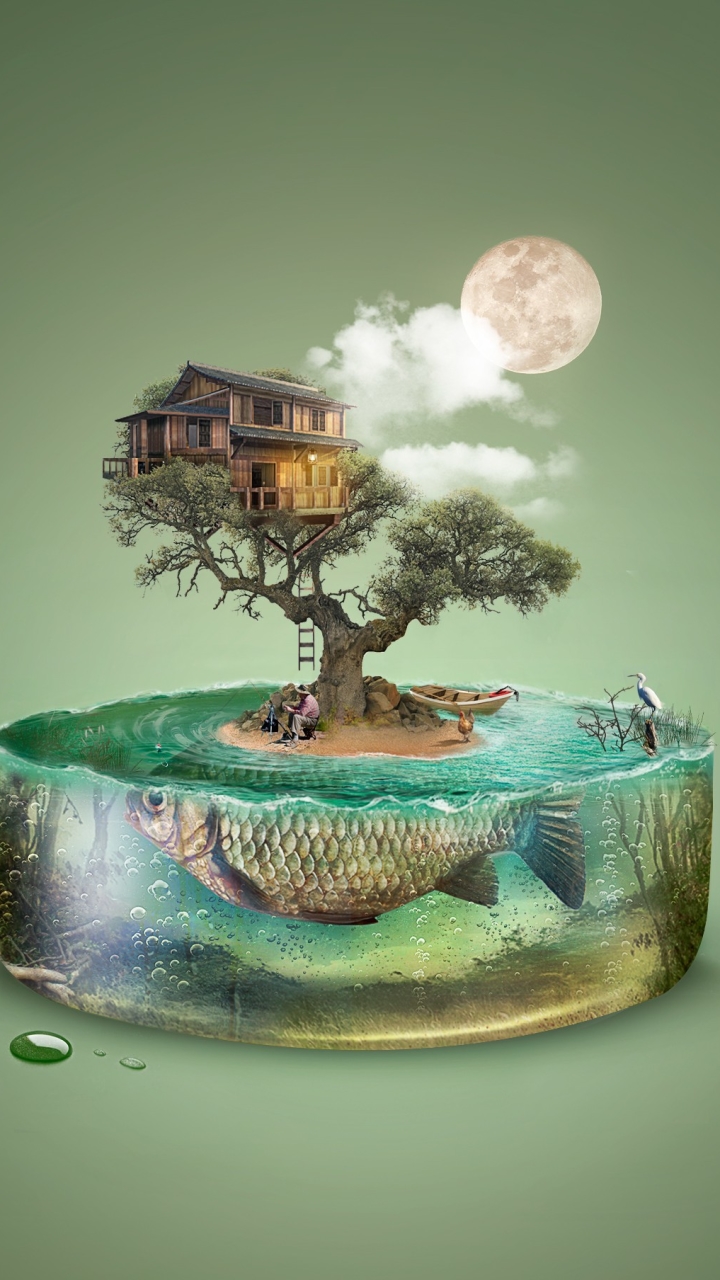 Download mobile wallpaper Tree, House, Island, Artistic, Fish, Underwater, Surreal for free.