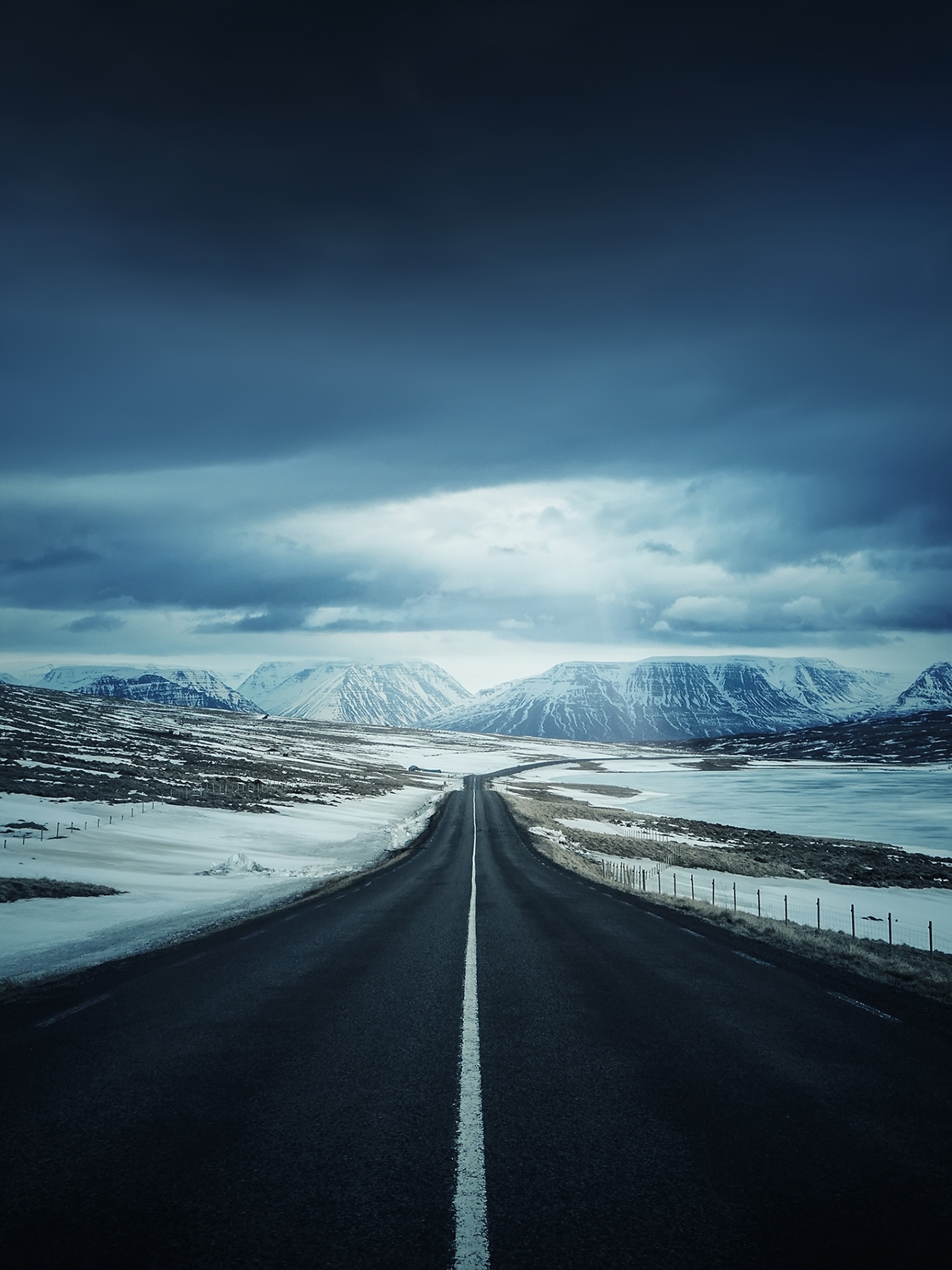 Download mobile wallpaper Winter, Night, Snow, Mountain, Road, Man Made for free.