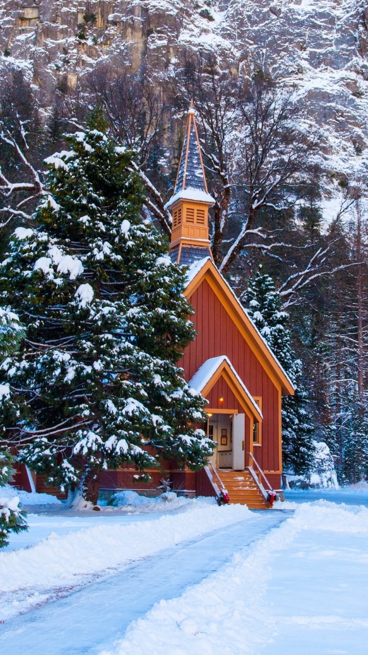 Handy-Wallpaper Winter, Schnee, Baum, Kapelle, Religiös kostenlos herunterladen.