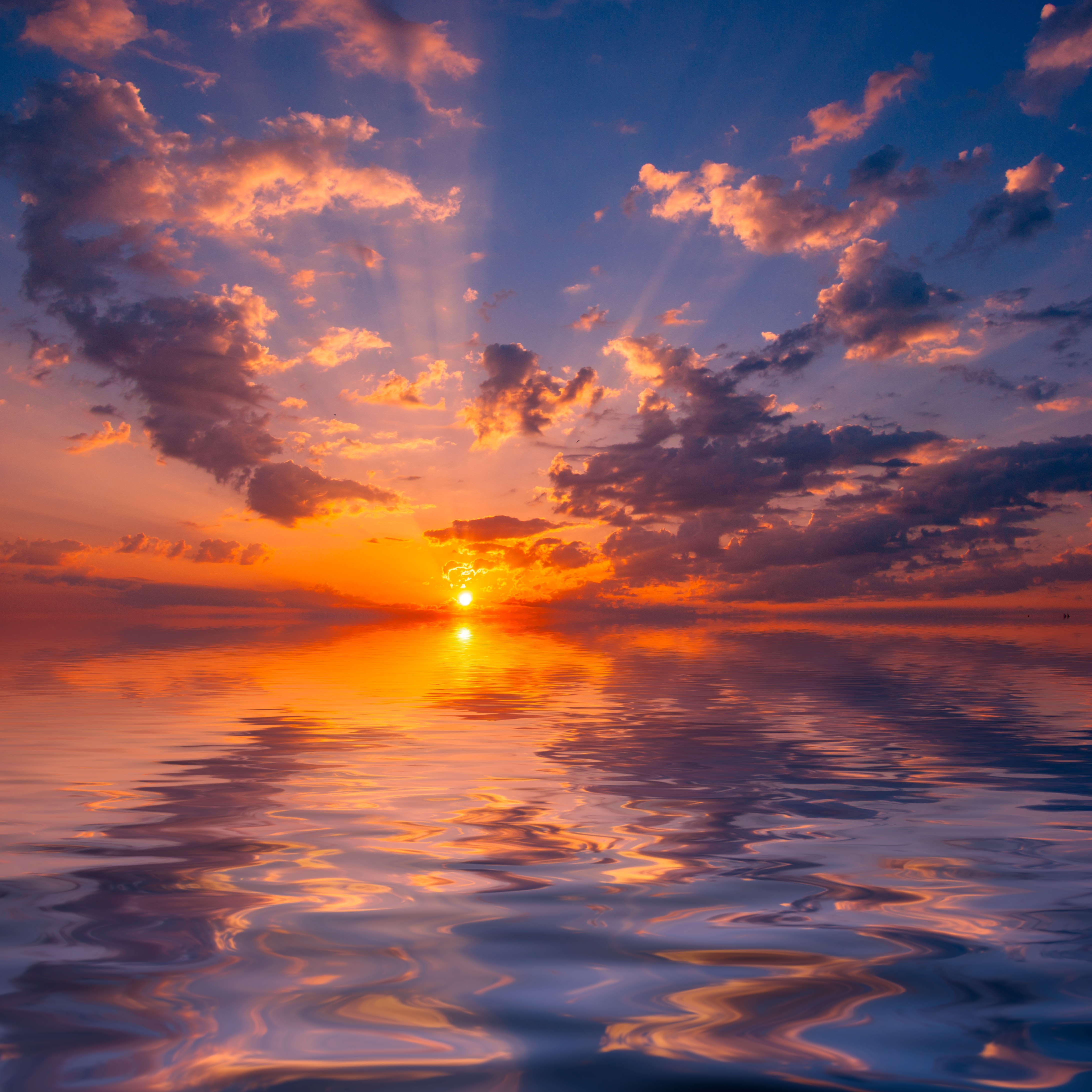 Download mobile wallpaper Reflection, Nature, Clouds, Horizon, Sea, Sun, Sunset for free.