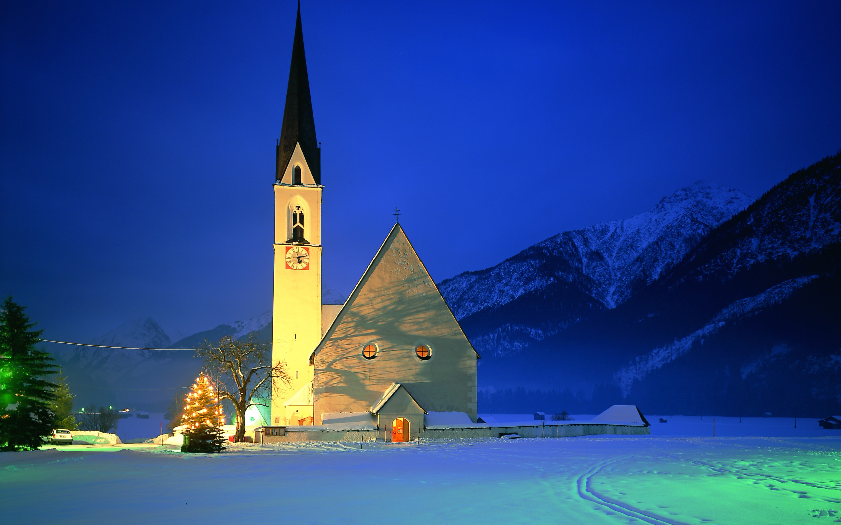 Download mobile wallpaper Night, Mountain, Light, Church, Churches, Religious for free.
