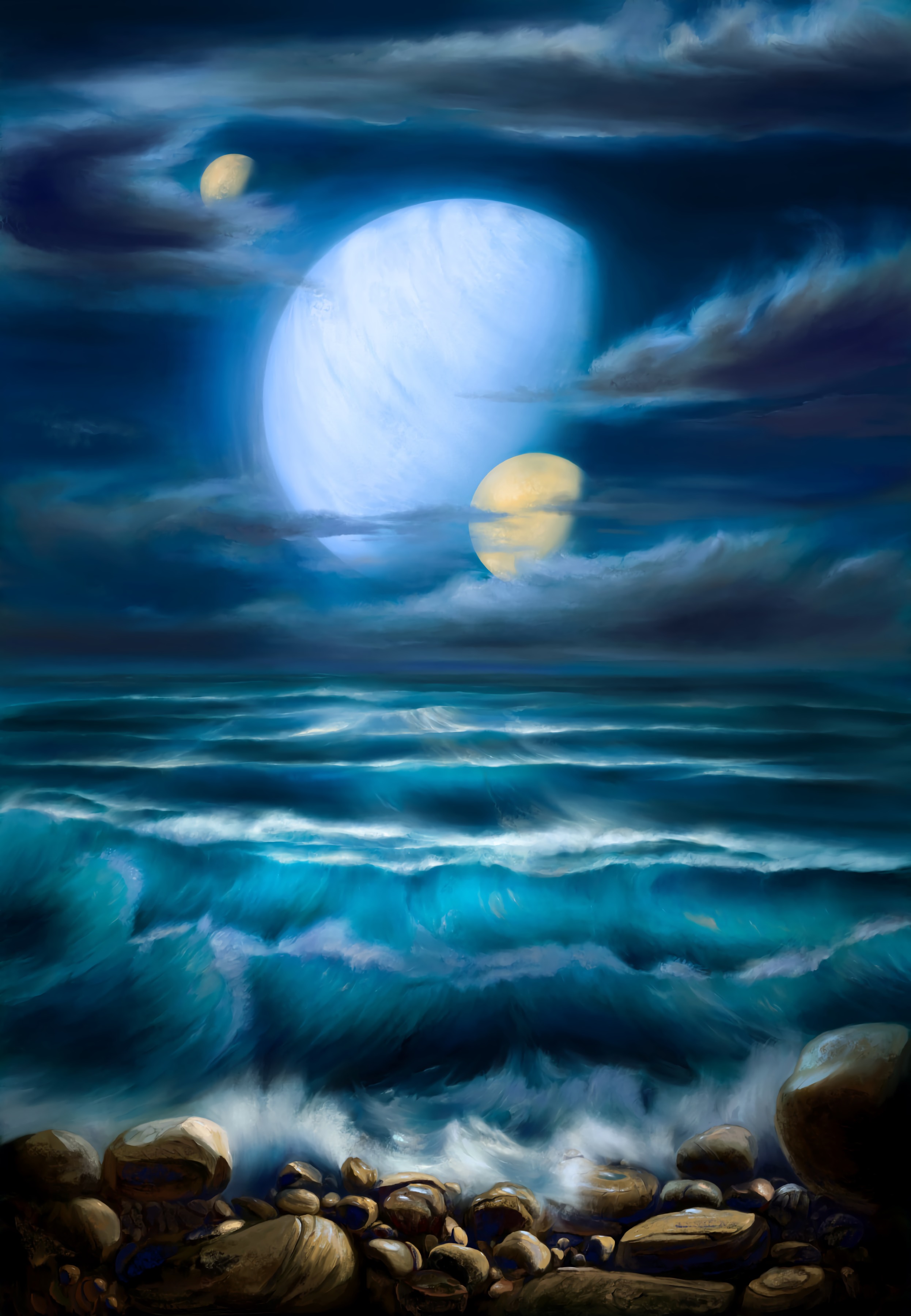 planets, stones, art, sea, waves, paint, canvas Panoramic Wallpaper