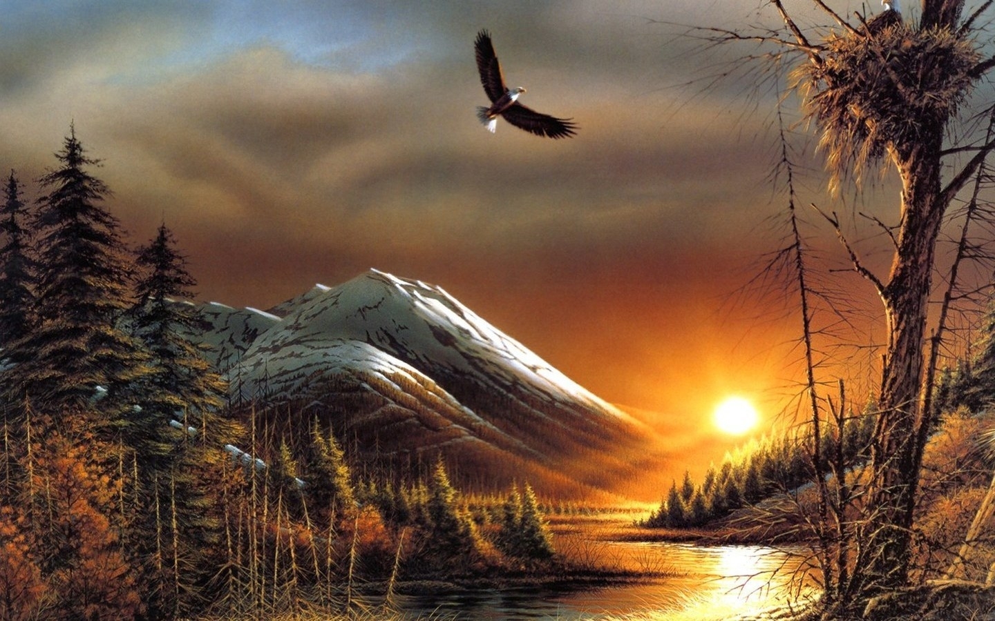 Free download wallpaper Landscape, Rivers, Sunset, Mountains, Sun, Art on your PC desktop