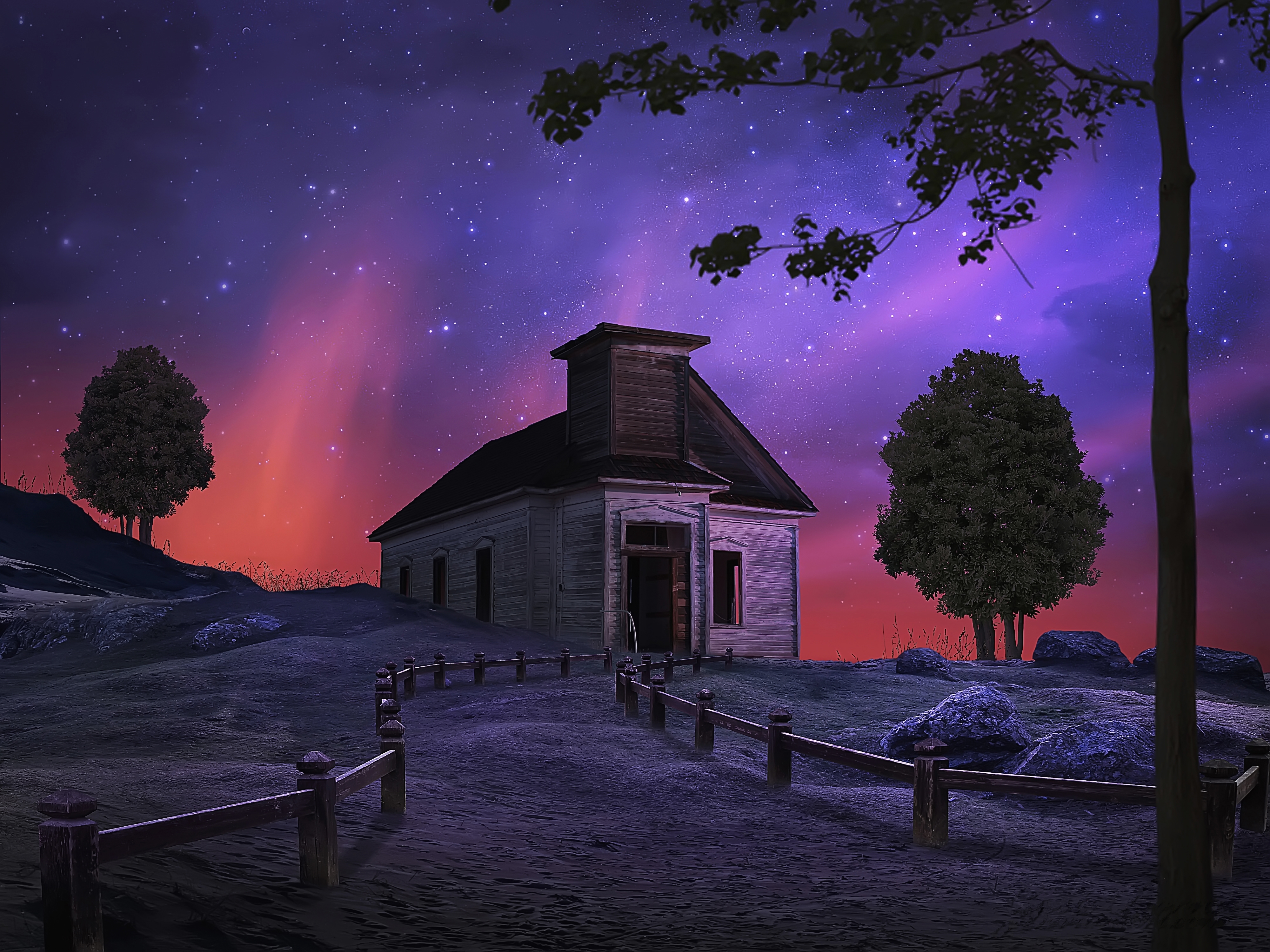 Laden Sie das Sterne, Baum, Haus, Zaun, Nacht, Künstlerisch, Sternenklarer Himmel-Bild kostenlos auf Ihren PC-Desktop herunter