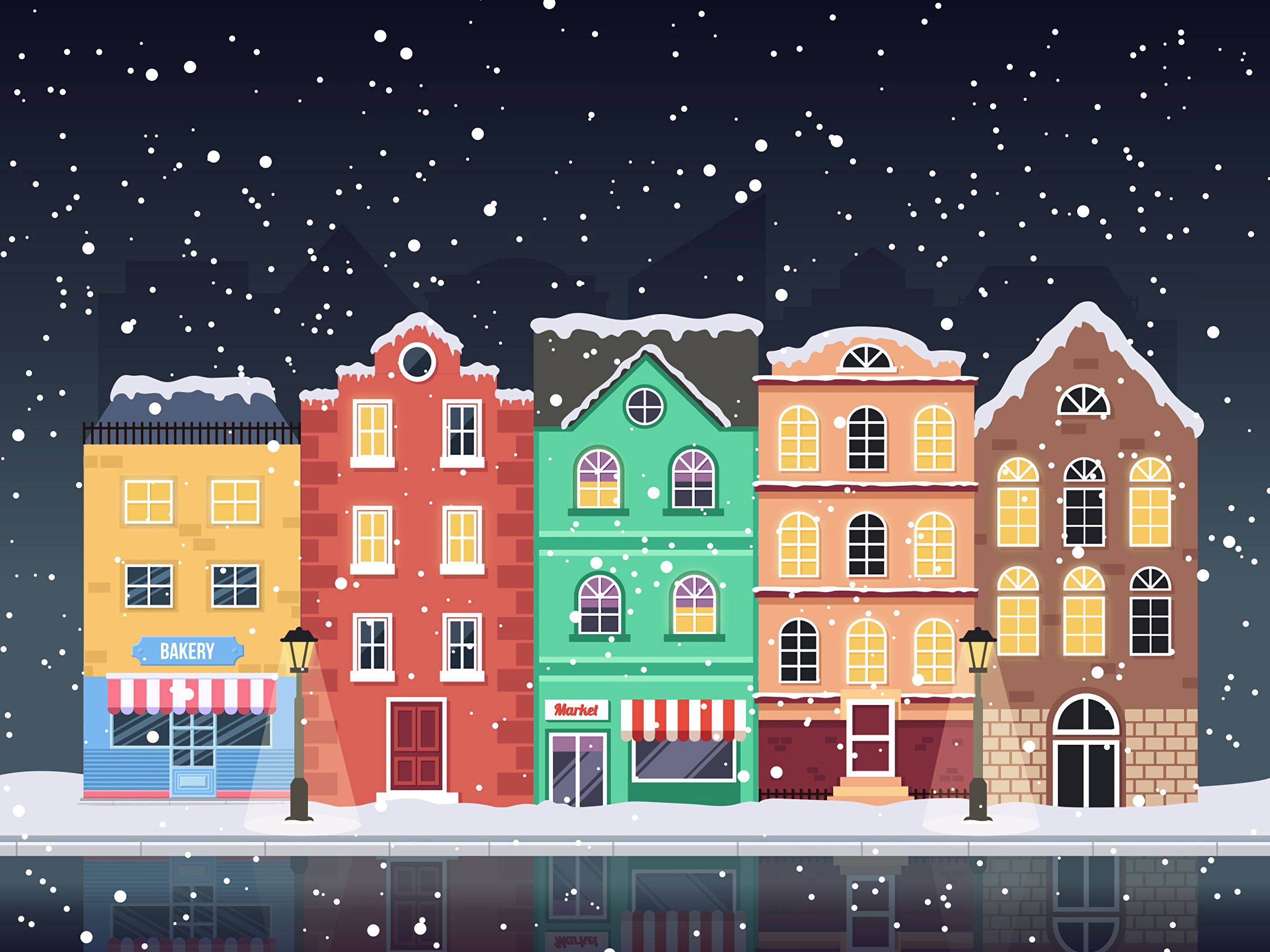snowfall, winter, houses, art Aesthetic wallpaper