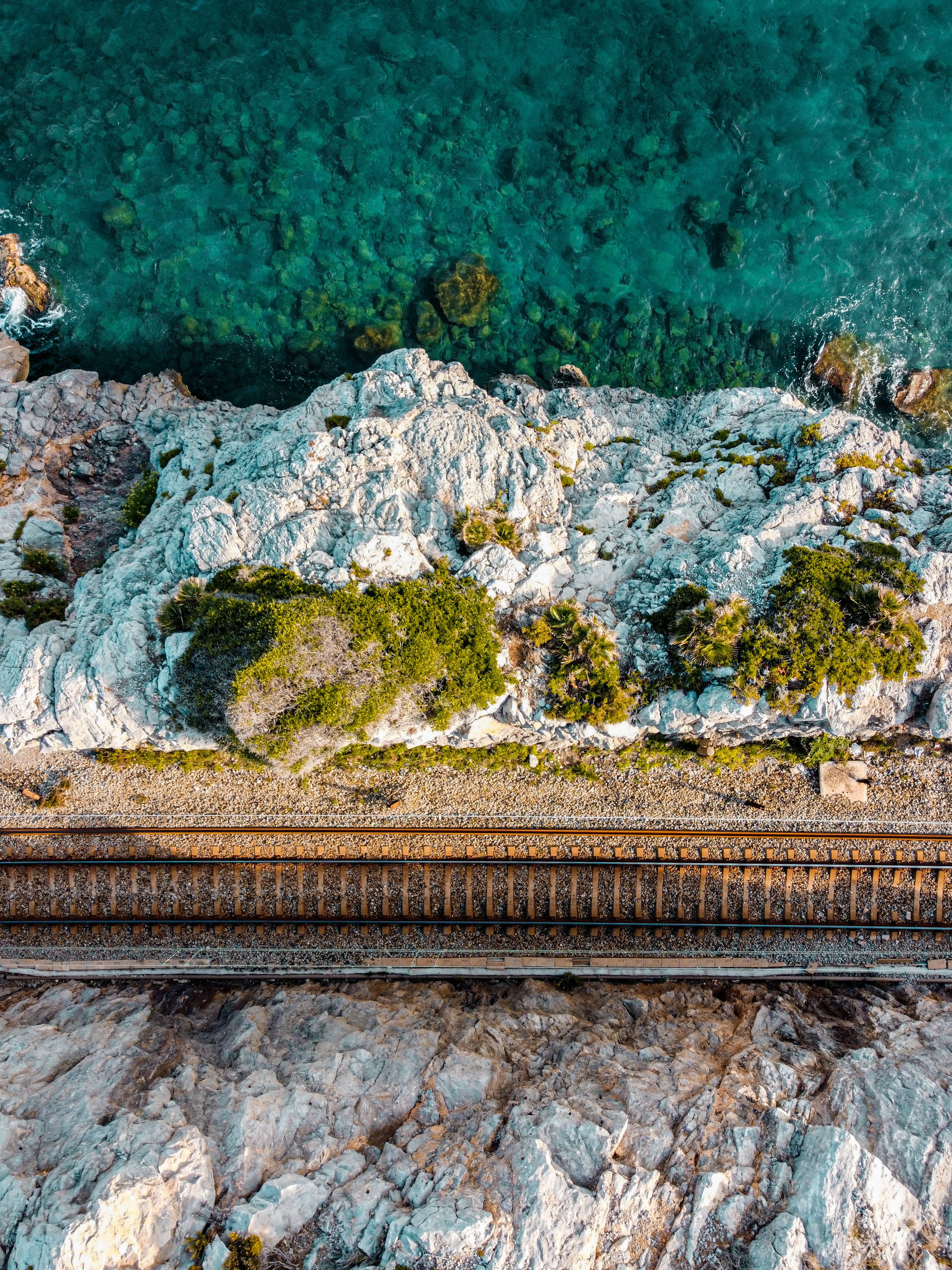 railway, nature, sea, view from above, coast Phone Background