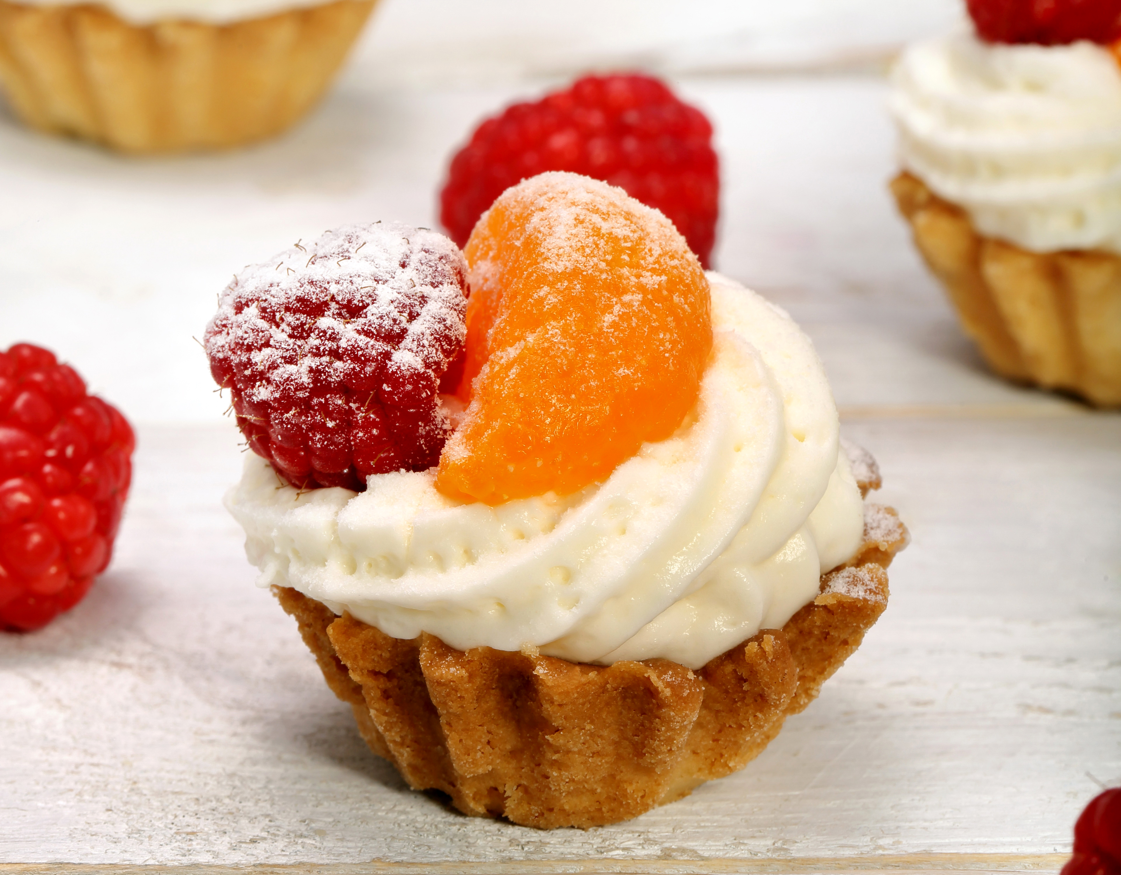 Download mobile wallpaper Food, Dessert, Raspberry, Cream, Sweets, Orange (Fruit), Pastry for free.