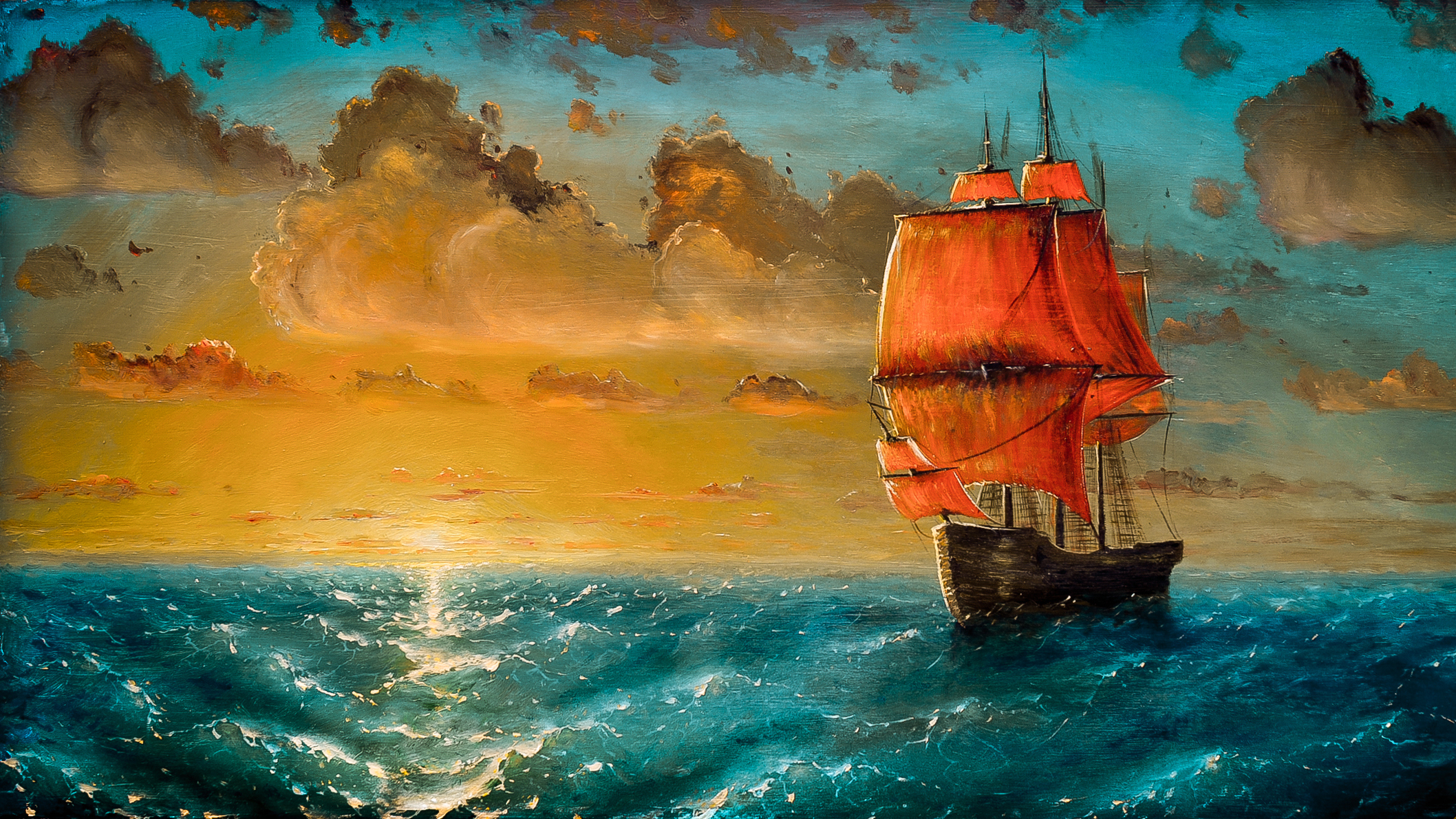 712380 скачать обои корабль, море, волна, парусная лодка, художественные, картина, облака, закат - заставки и картинки бесплатно