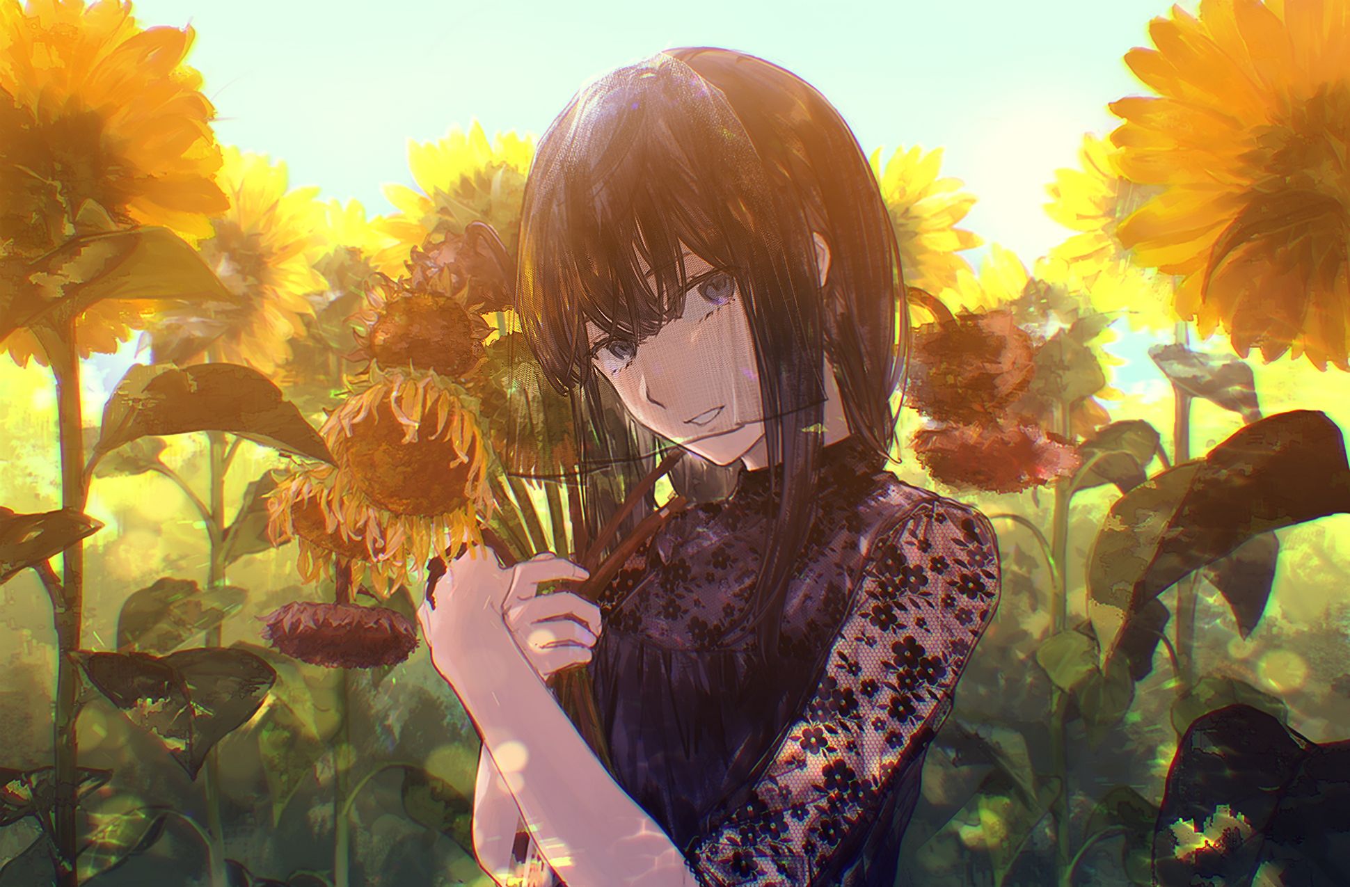 Handy-Wallpaper Sonnenblume, Schleier, Original, Animes, Lange Haare, Braune Haare, Graue Augen kostenlos herunterladen.