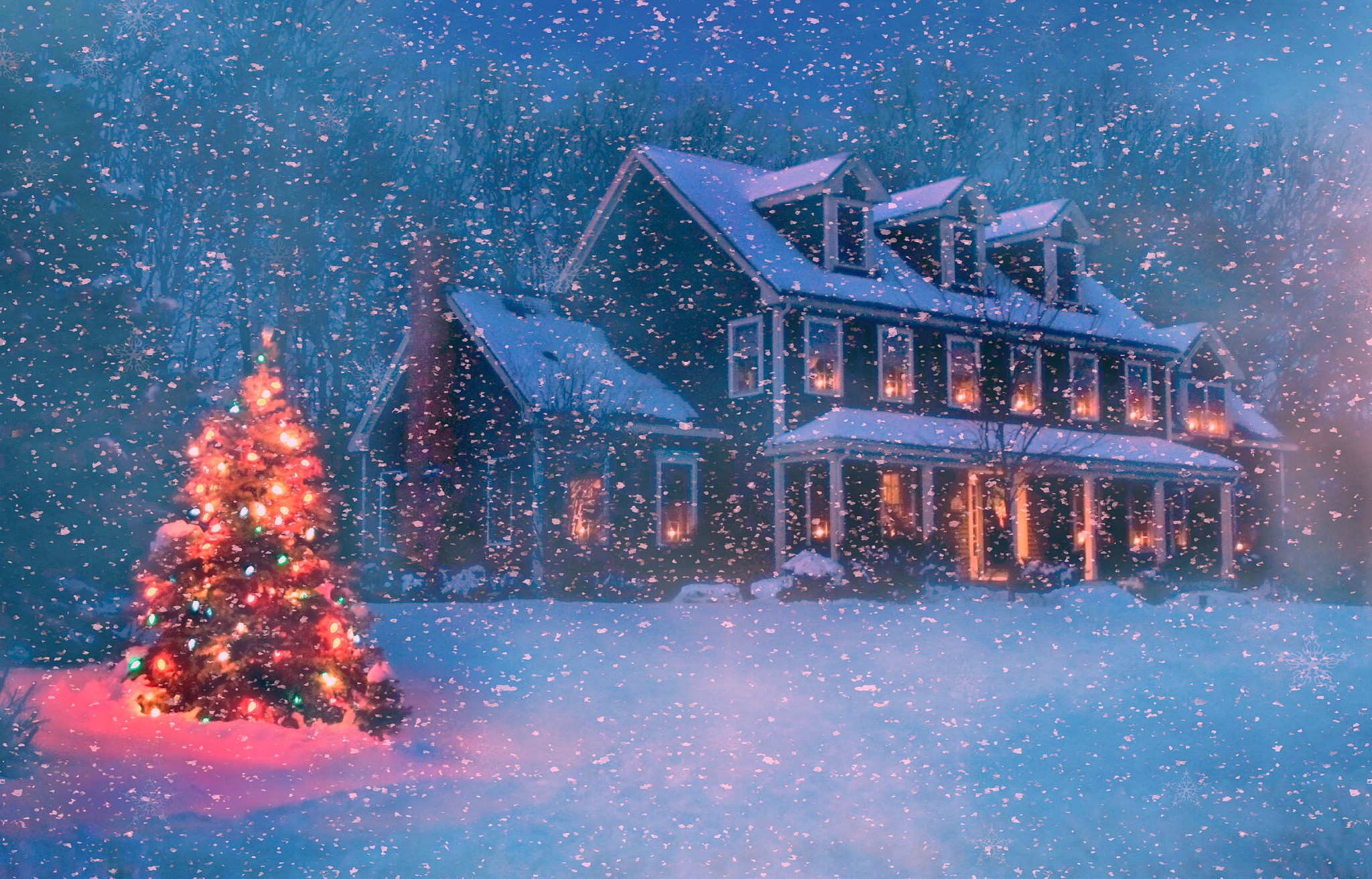 Free download wallpaper Snow, Light, Christmas, Holiday, House, Christmas Tree, Snowfall on your PC desktop