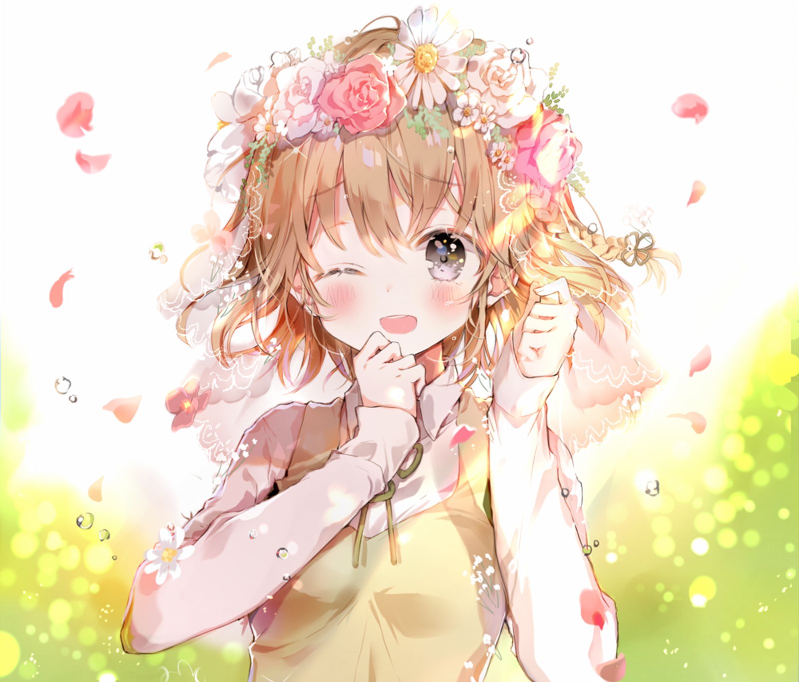Free download wallpaper Anime, Flower, Smile, Sunlight, Wreath, Original, Blush, School Uniform, Brown Hair, Short Hair, Black Eyes on your PC desktop