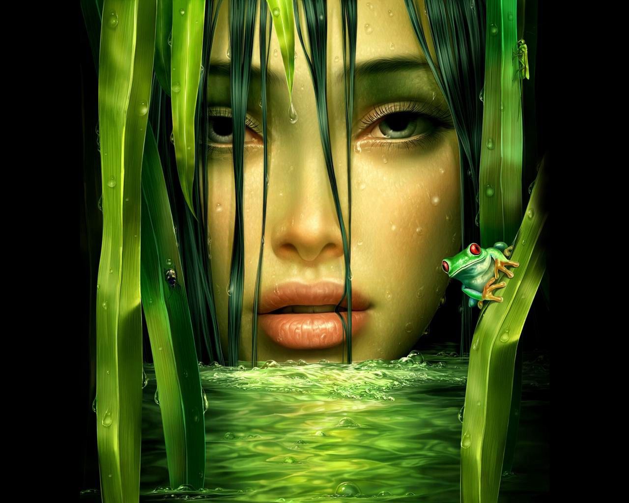 girl, frog, fantasy, face, water